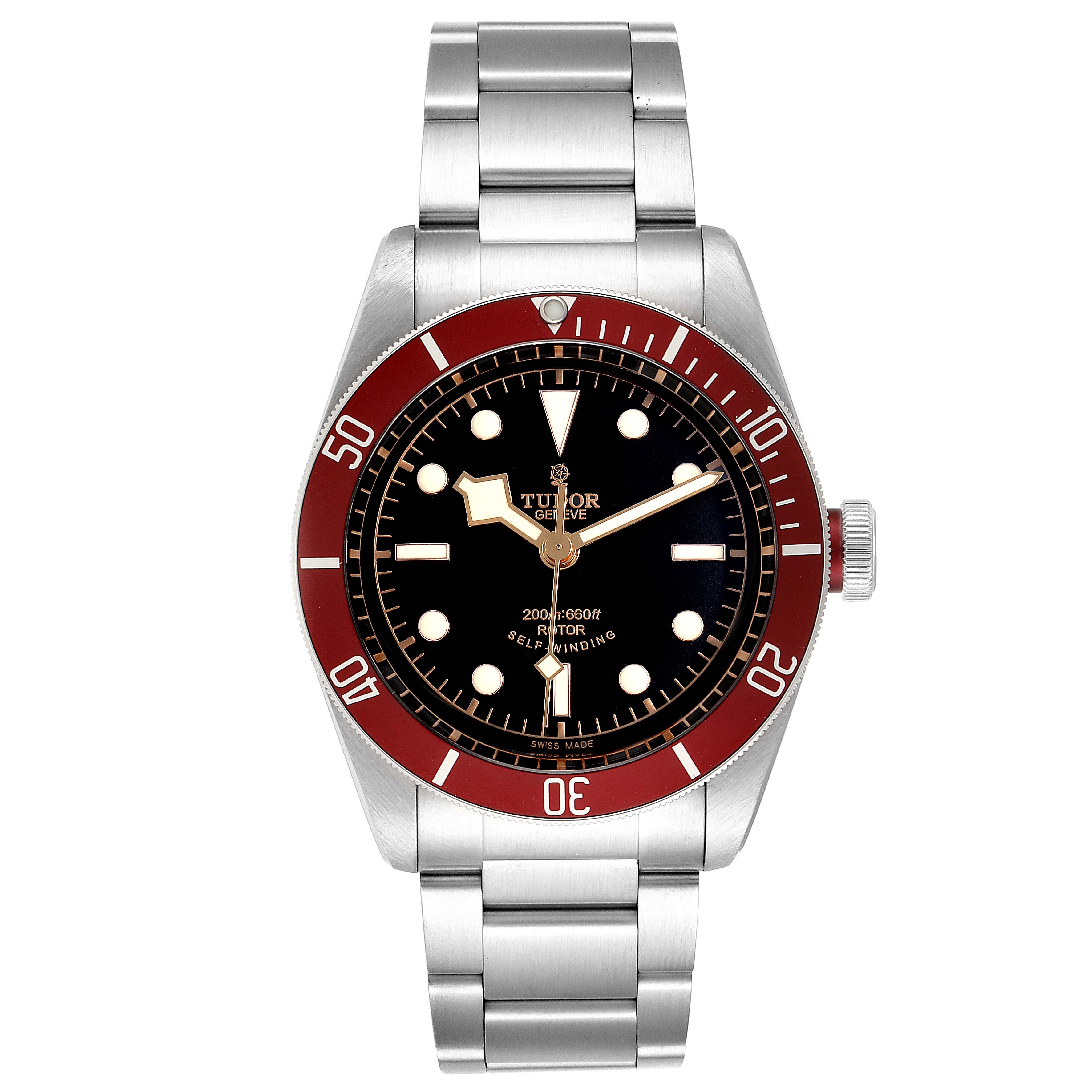 This image shows a front view of the Tudor Heritage Black Bay 79220R Men's Stainless Steel Black Dial 79220R Men's Stainless Steel Black Dial watch, highlighting its face, bezel, and stainless steel bracelet.