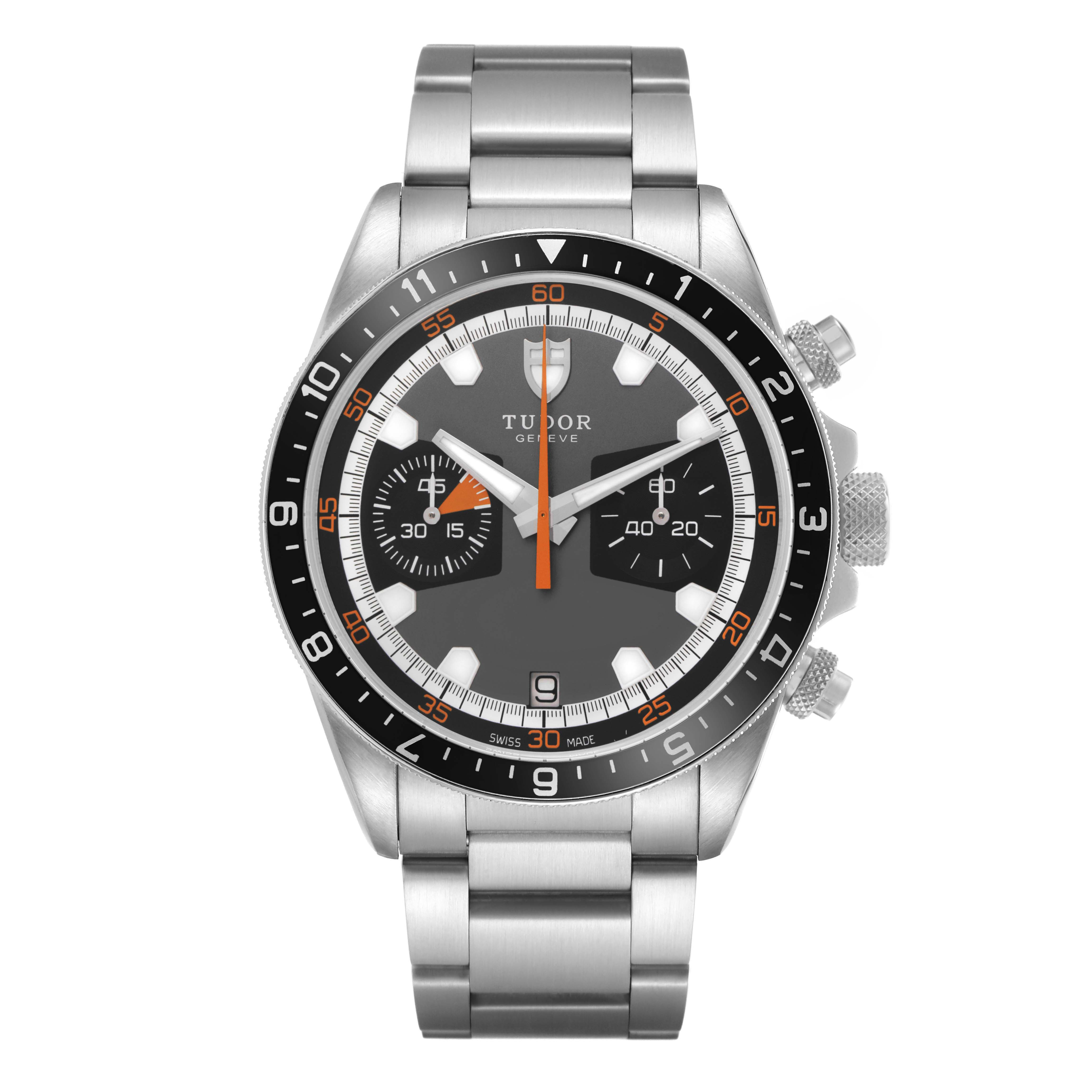 The image shows a frontal view of the Tudor Heritage Chrono 70330N-65740 Men's Stainless Steel Grey Dial, highlighting its dial, bezel, and bracelet.