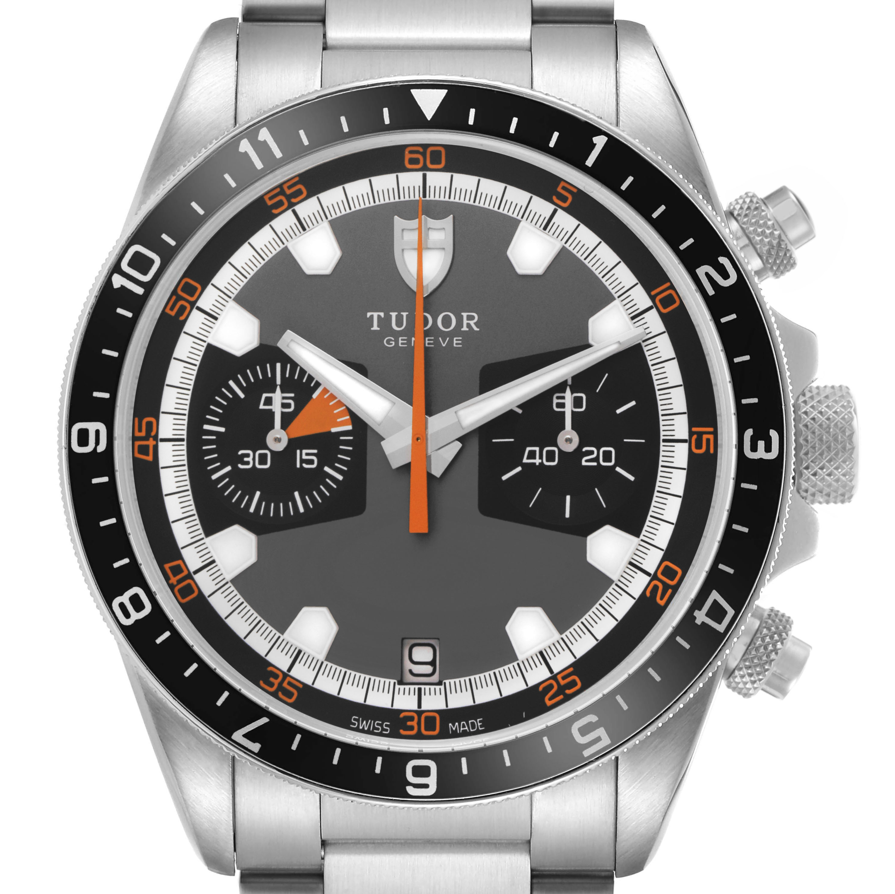 The Tudor Heritage Chrono 70330N-65740 Men's Stainless Steel Grey Dial watch is shown from the front displaying its dial, bezel, and side crown.