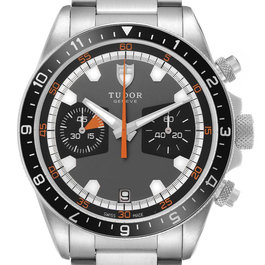 The Tudor Heritage Chrono 70330N-65740 Men's Stainless Steel Grey Dial watch is shown from the front displaying its dial, bezel, and side crown.