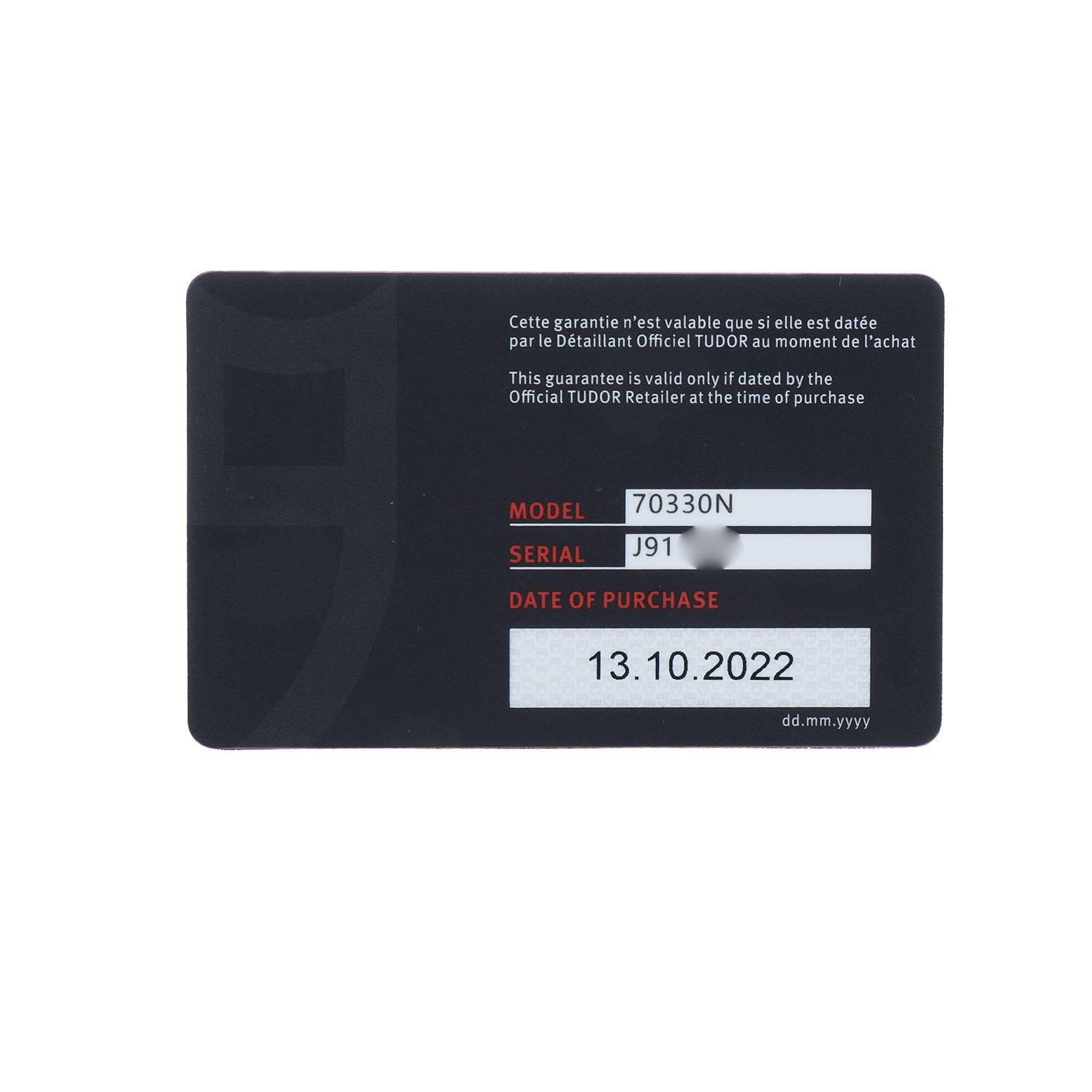 The image shows a Tudor Heritage Chrono 70330N-65740 Men's Stainless Steel Grey Dial model 70330N warranty card showing model, serial number, and purchase date.