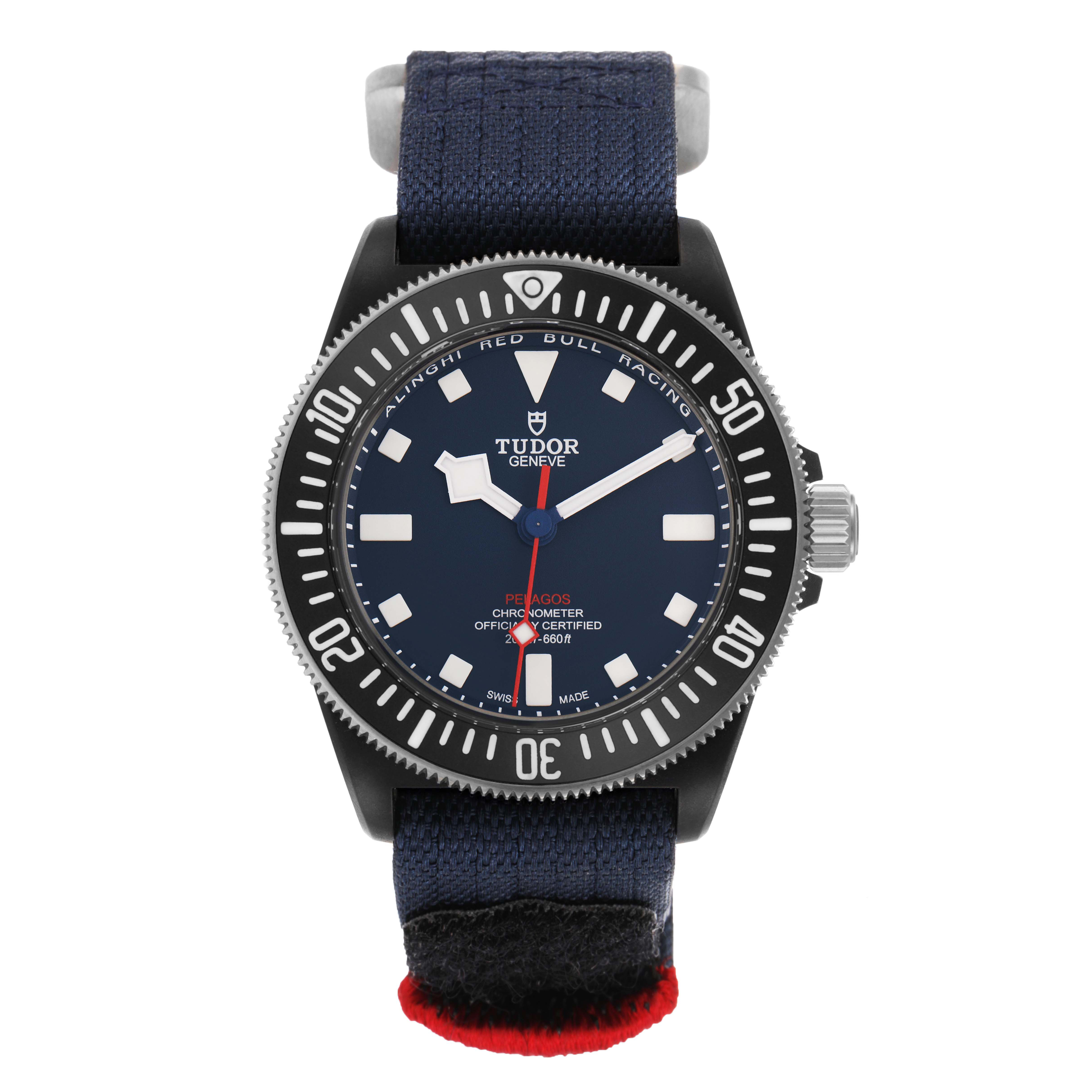 The Tudor Pelagos 25707KN Men's Titanium Blue Dial watch is shown from a top view, highlighting the dial, bezel, and strap.
