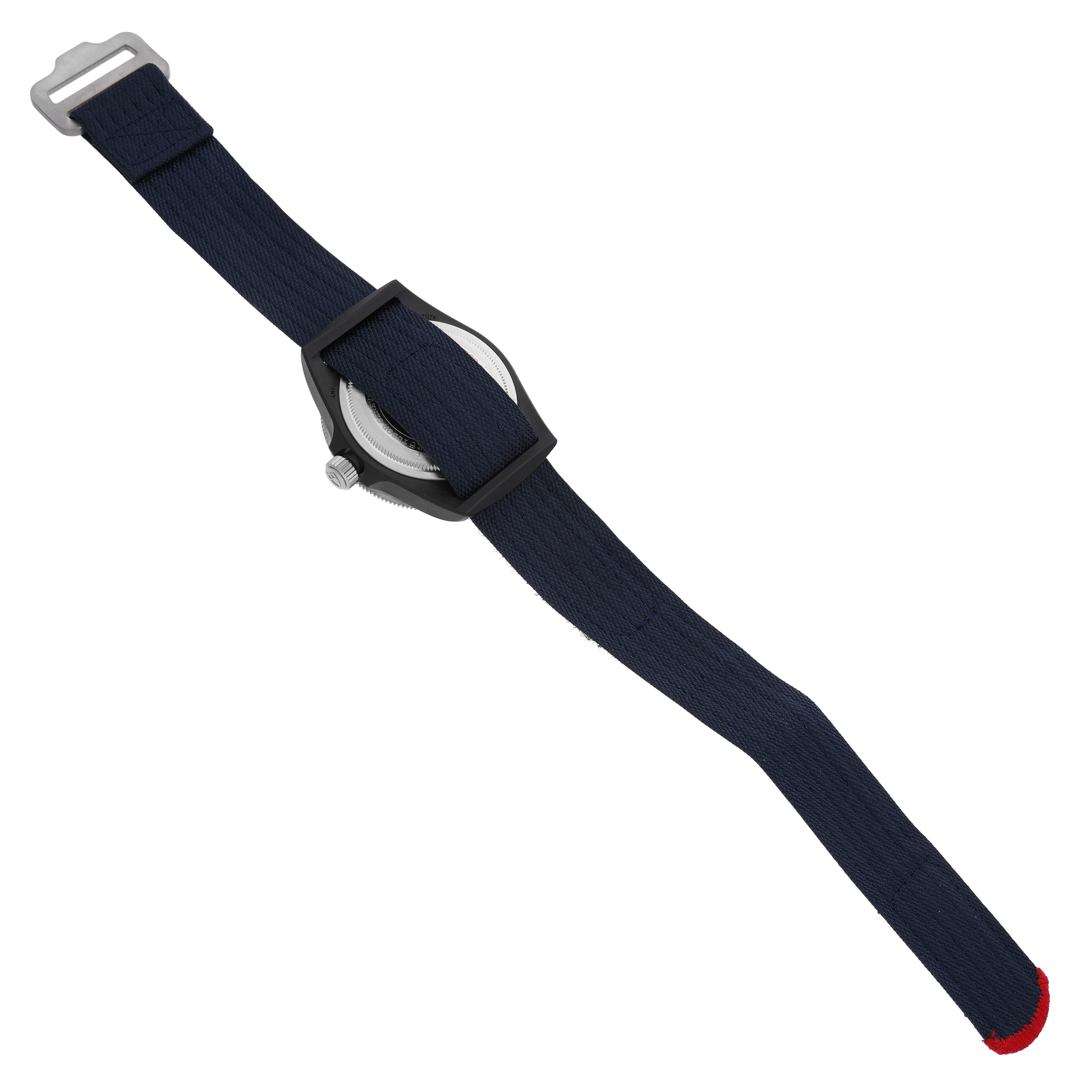 The image shows the back case and strap of a Tudor Pelagos 25707KN Men's Titanium Blue Dial watch from an overhead angle.