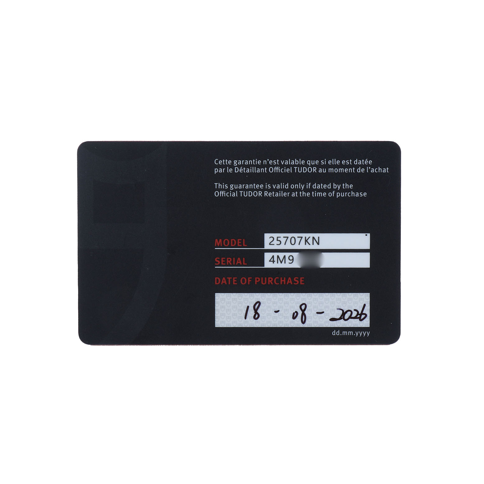 The image shows a warranty card for a Tudor Pelagos 25707KN Men's Titanium Blue Dial watch model 25707KN with the purchase date.