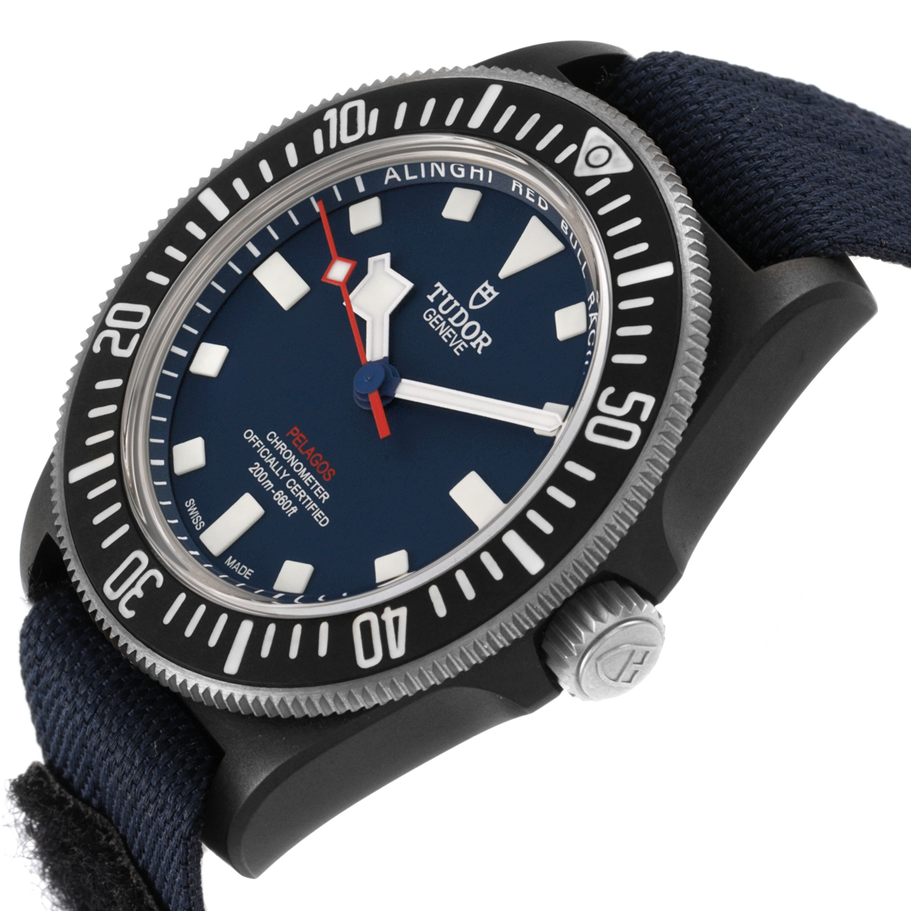 The Tudor Pelagos 25707KN Men's Titanium Blue Dial watch is shown at an angled side view, highlighting the bezel, dial, crown, and strap.