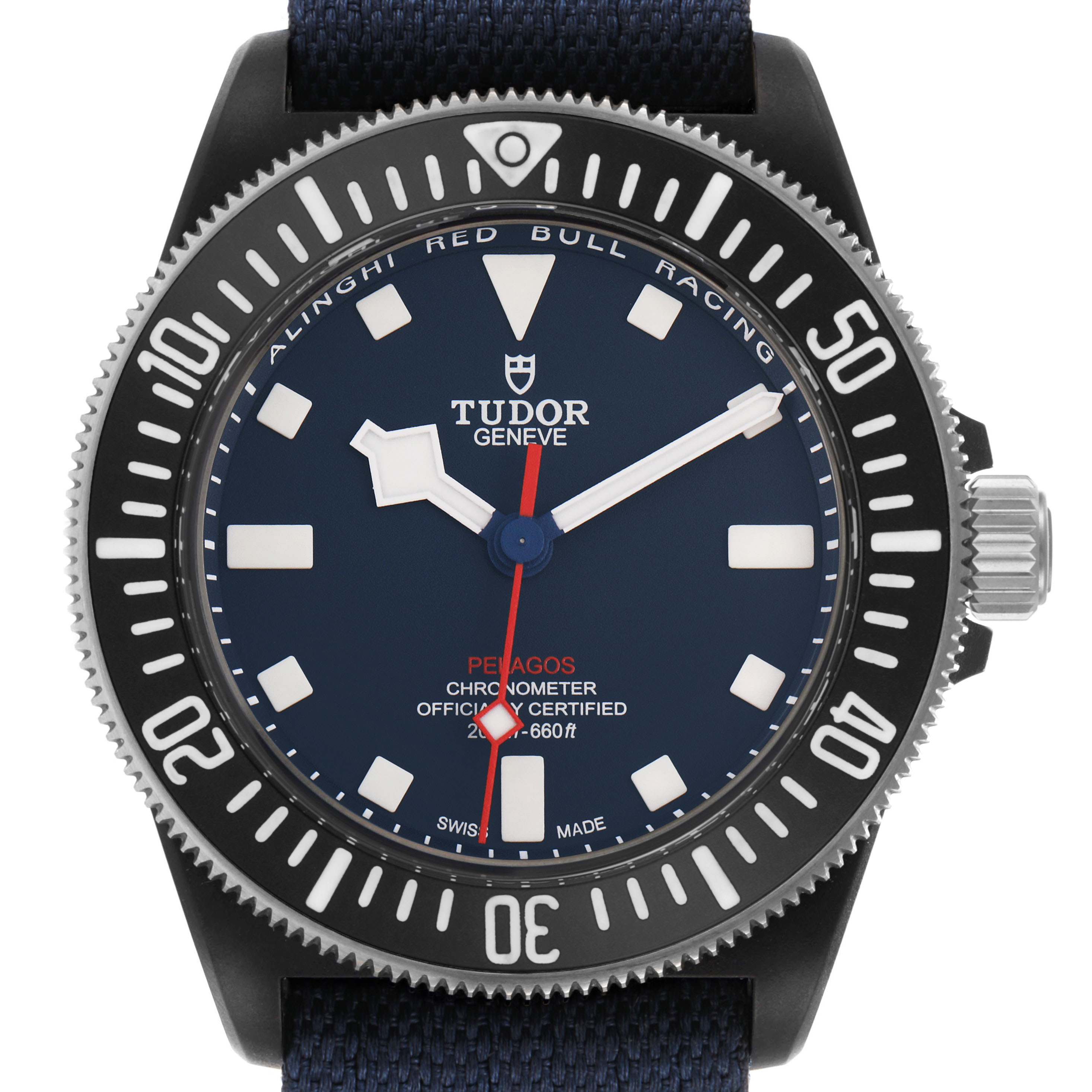 The Tudor Pelagos 25707KN Men's Titanium Blue Dial watch is shown from a front angle, highlighting its bezel, dial, hands, and crown.