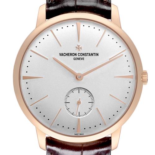 The Vacheron Constantin Patrimony watch is shown from the front, highlighting the dial, hands, and crown.