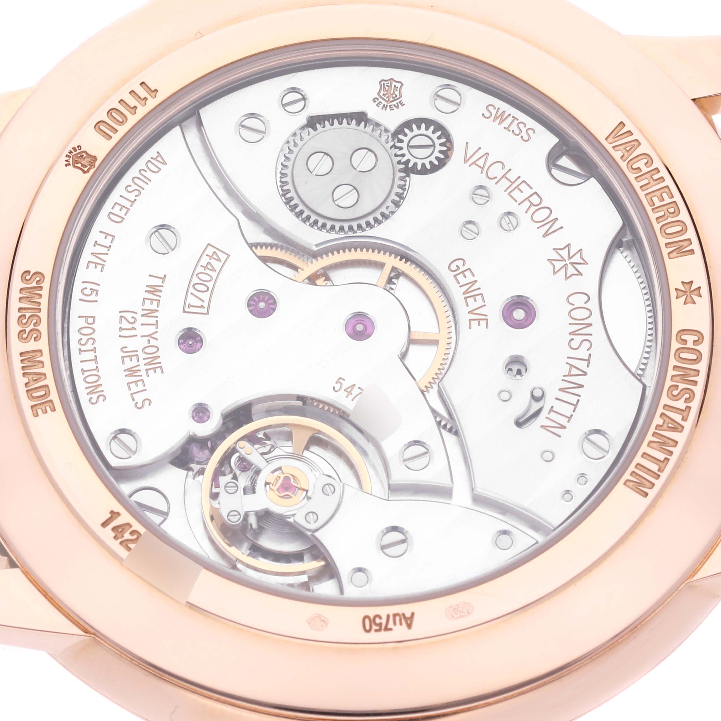 The image shows the back view of the Vacheron Constantin Patrimony 1110U/000R-B085 Men's Rose Gold Silver Dial 1110U/000R-B085 Men's Rose Gold Silver Dial watch, highlighting its mechanical movement and engravings.