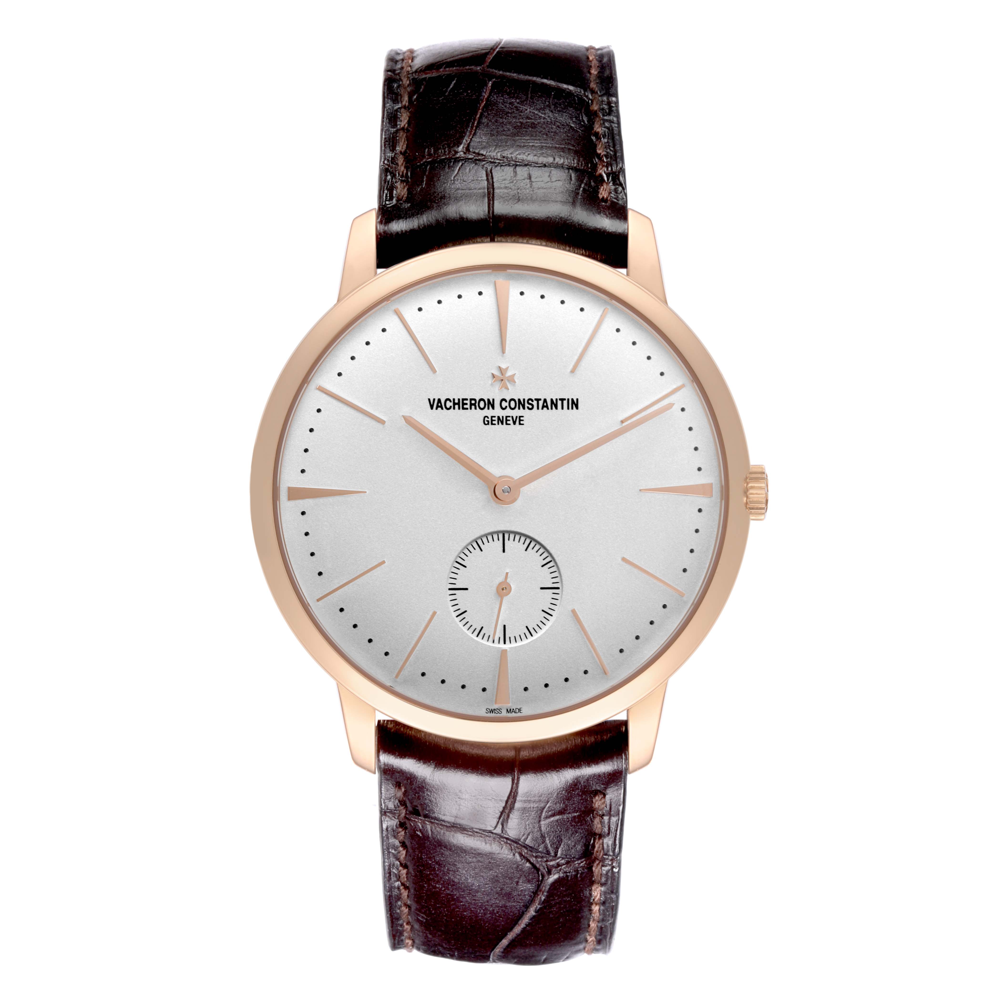 The image shows a front view of a Vacheron Constantin Patrimony 1110U/000R-B085 Men's Rose Gold Silver Dial 1110U/000R-B085 Men's Rose Gold Silver Dial watch with a leather strap and rose gold case.