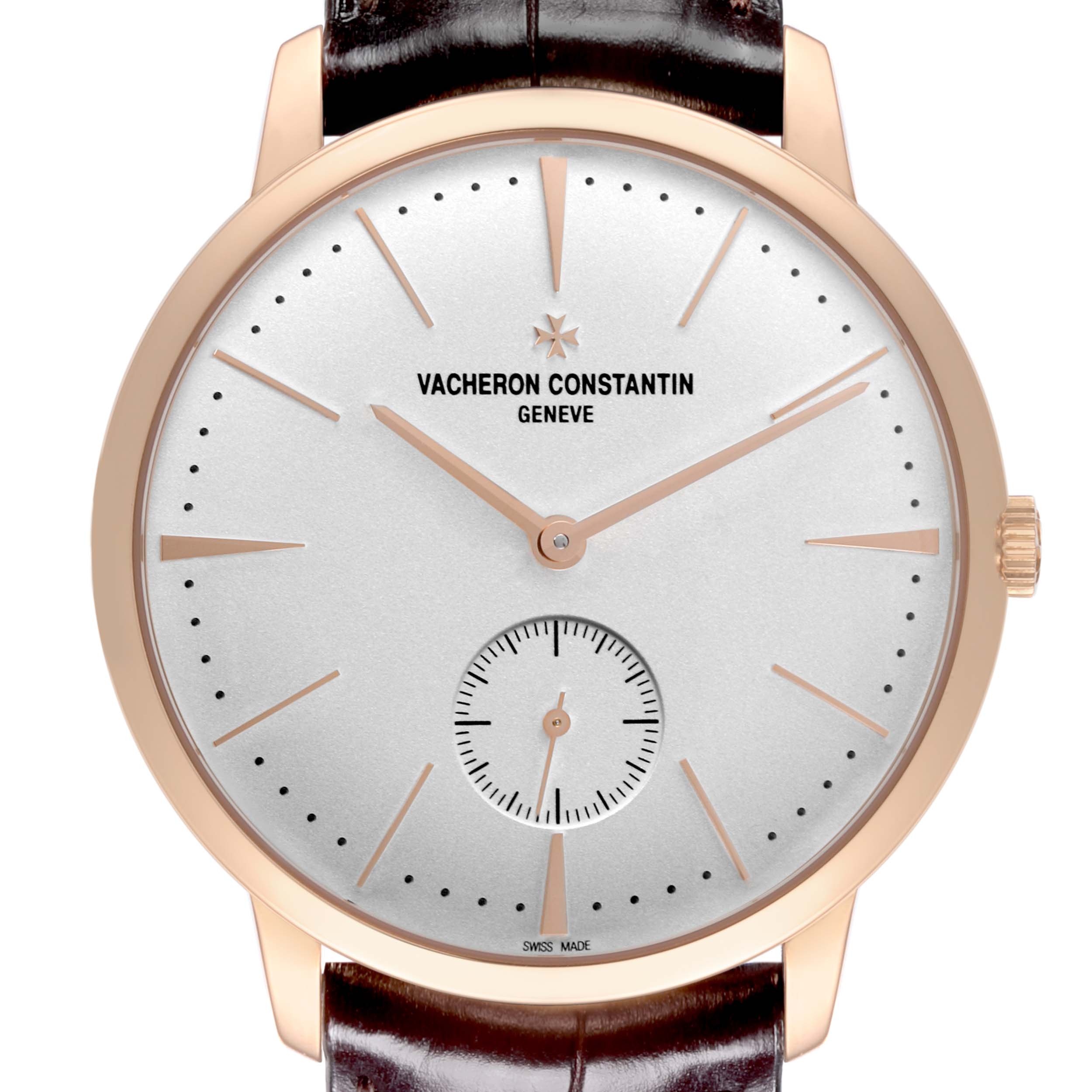 The Vacheron Constantin Patrimony 1110U/000R-B085 Men's Rose Gold Silver Dial 1110U/000R-B085 Men's Rose Gold Silver Dial watch is shown from a front angle, highlighting the dial, markers, and crown.