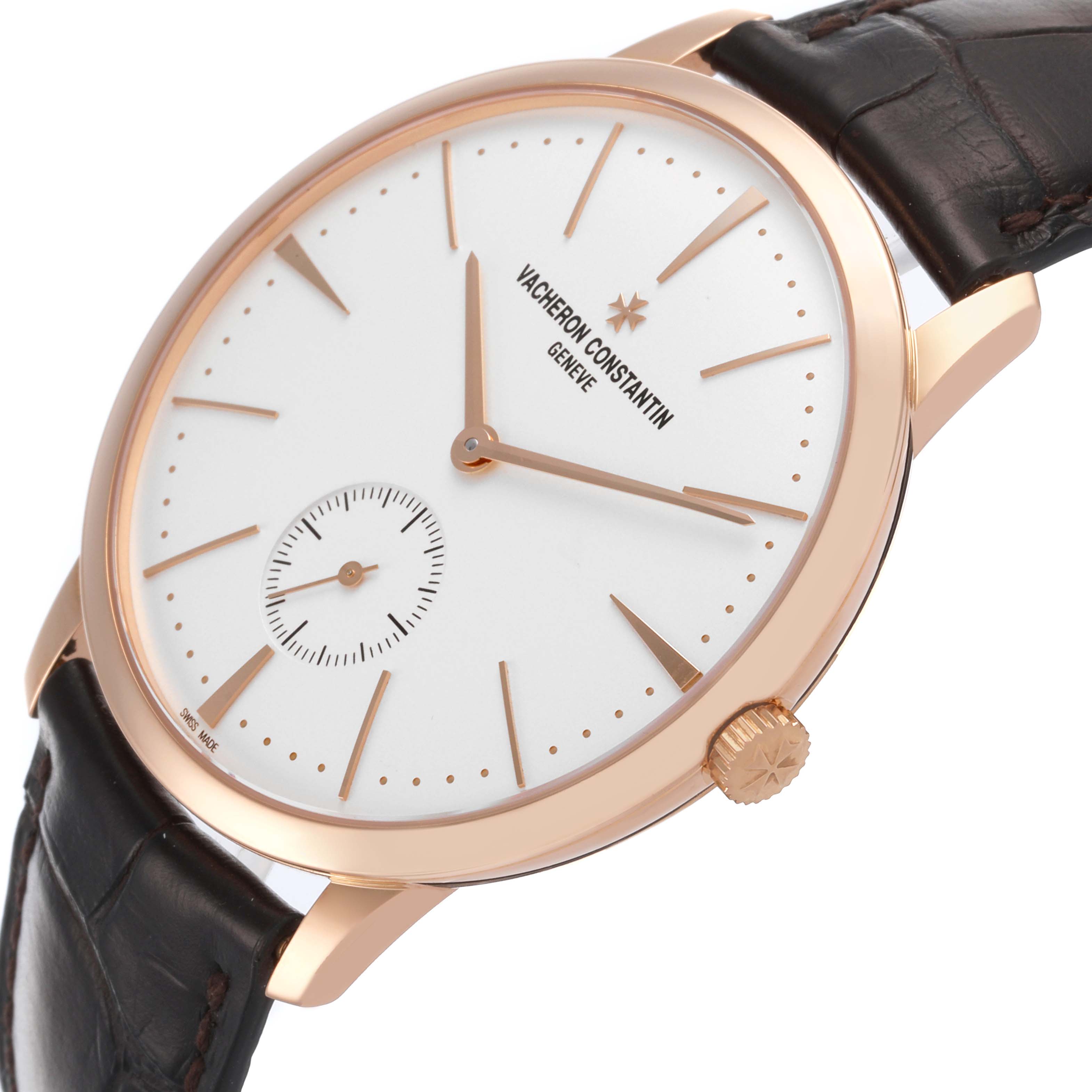 The Patrimony model by Vacheron Constantin is shown at a slight angle, displaying the face, hands, crown, and leather strap.