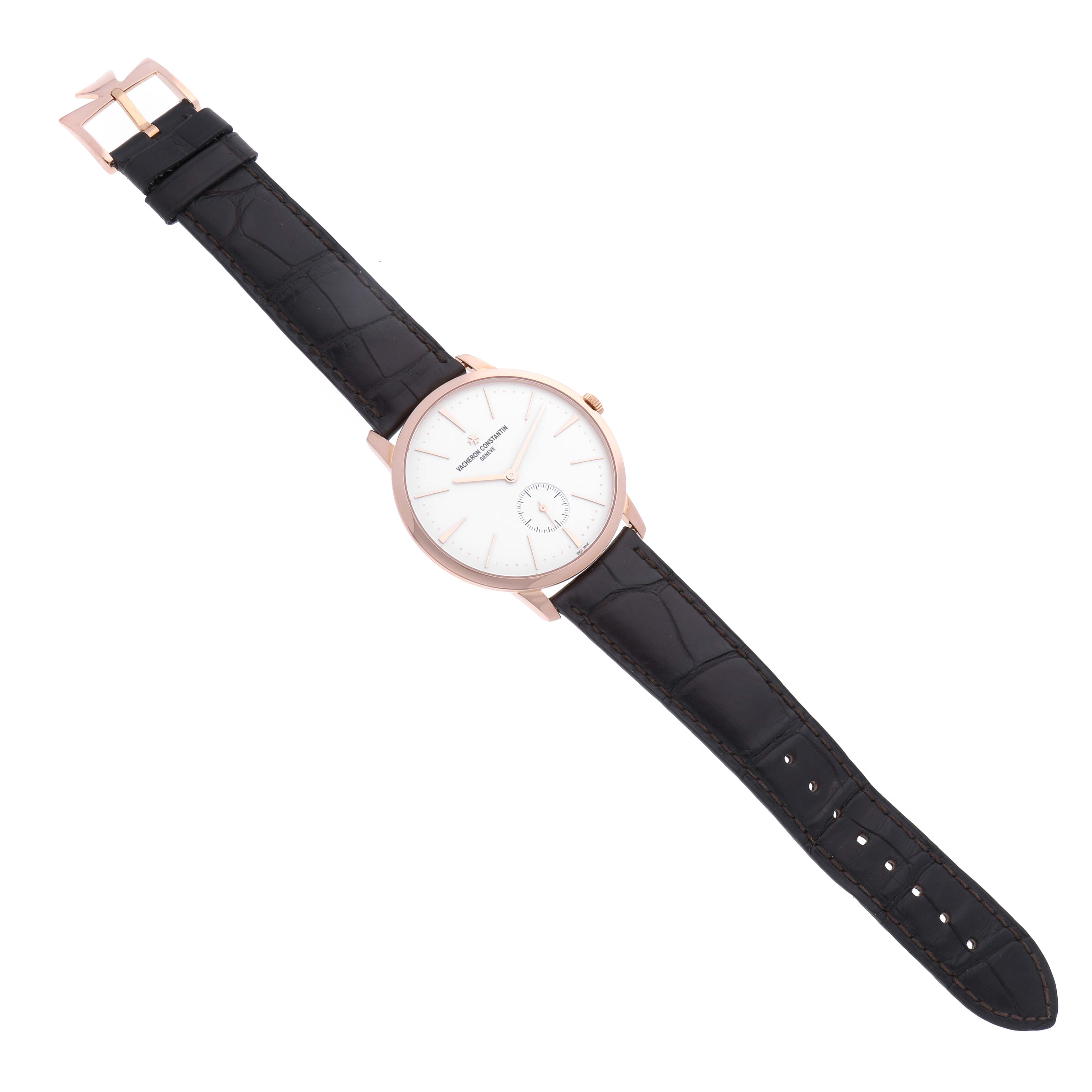 The Vacheron Constantin Patrimony 1110U/000R-B085 Men's Rose Gold Silver Dial 1110U/000R-B085 Men's Rose Gold Silver Dial watch is shown from a top-down angle, displaying its face and full black leather strap.