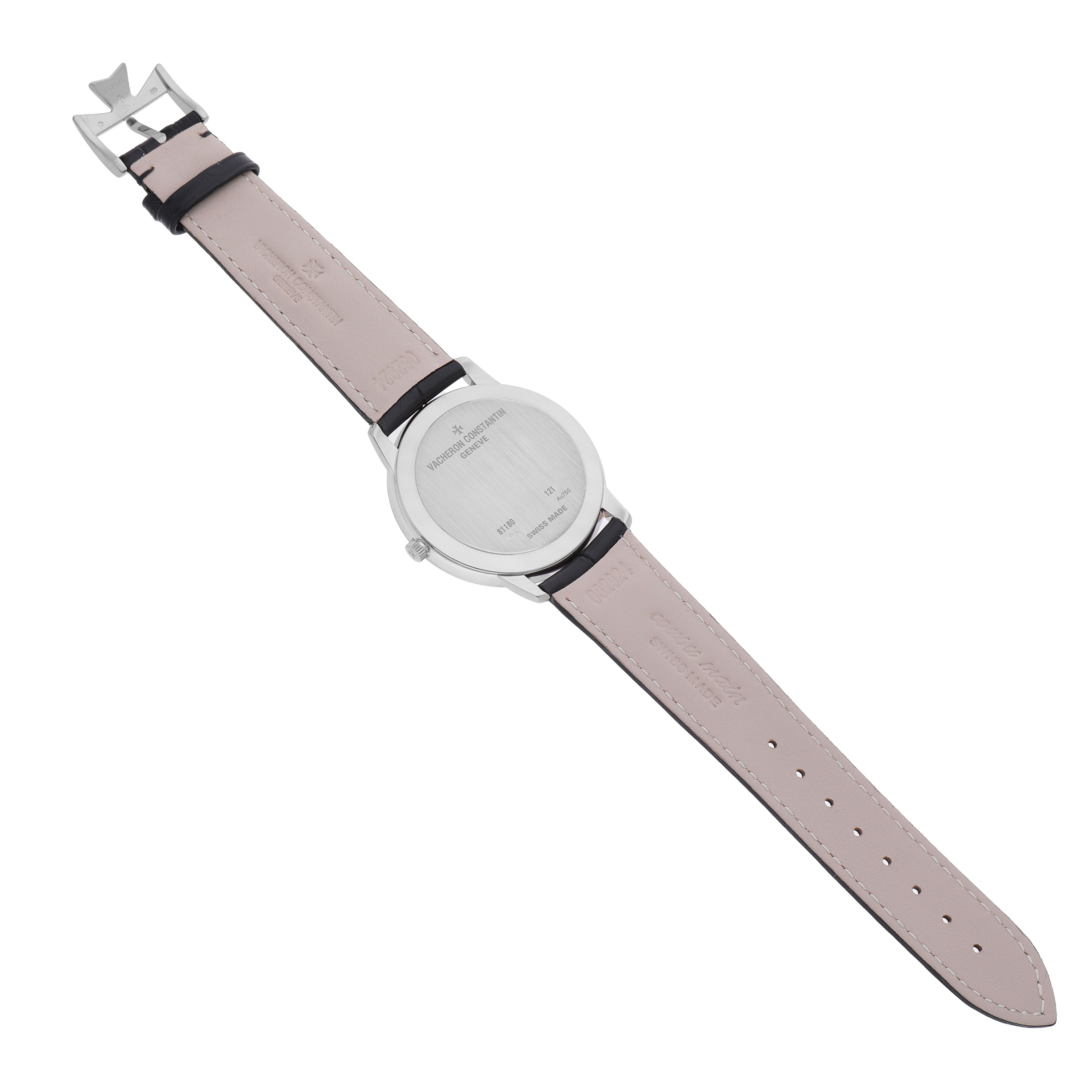 The image shows the back of a Vacheron Constantin Patrimony 81180/000G-9117 Men's White Gold Silver Dial watch with its strap, buckle, and case back visible.