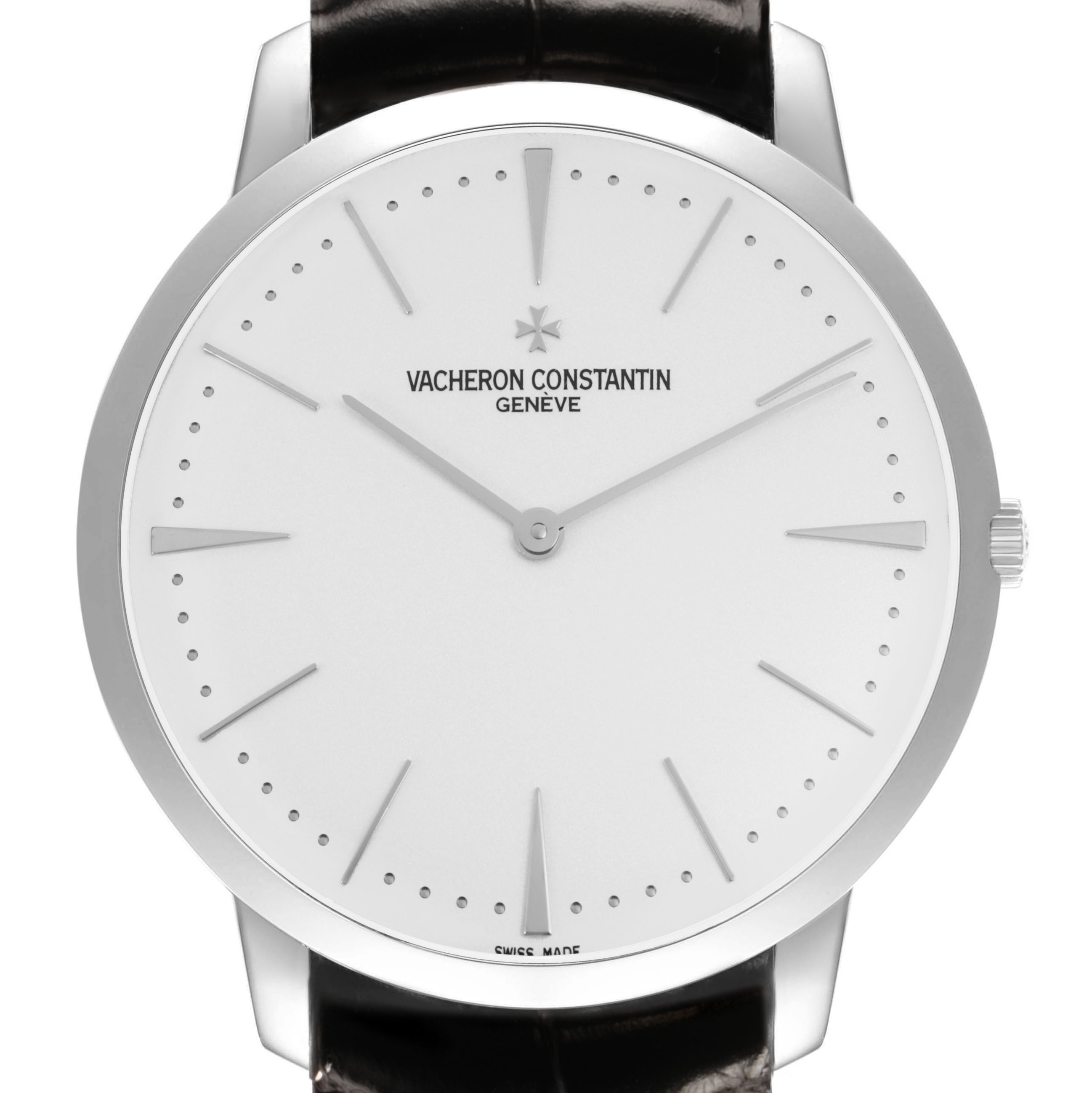 The image shows a frontal view of a Vacheron Constantin Patrimony 81180/000G-9117 Men's White Gold Silver Dial watch, showcasing its dial, hands, and crown.