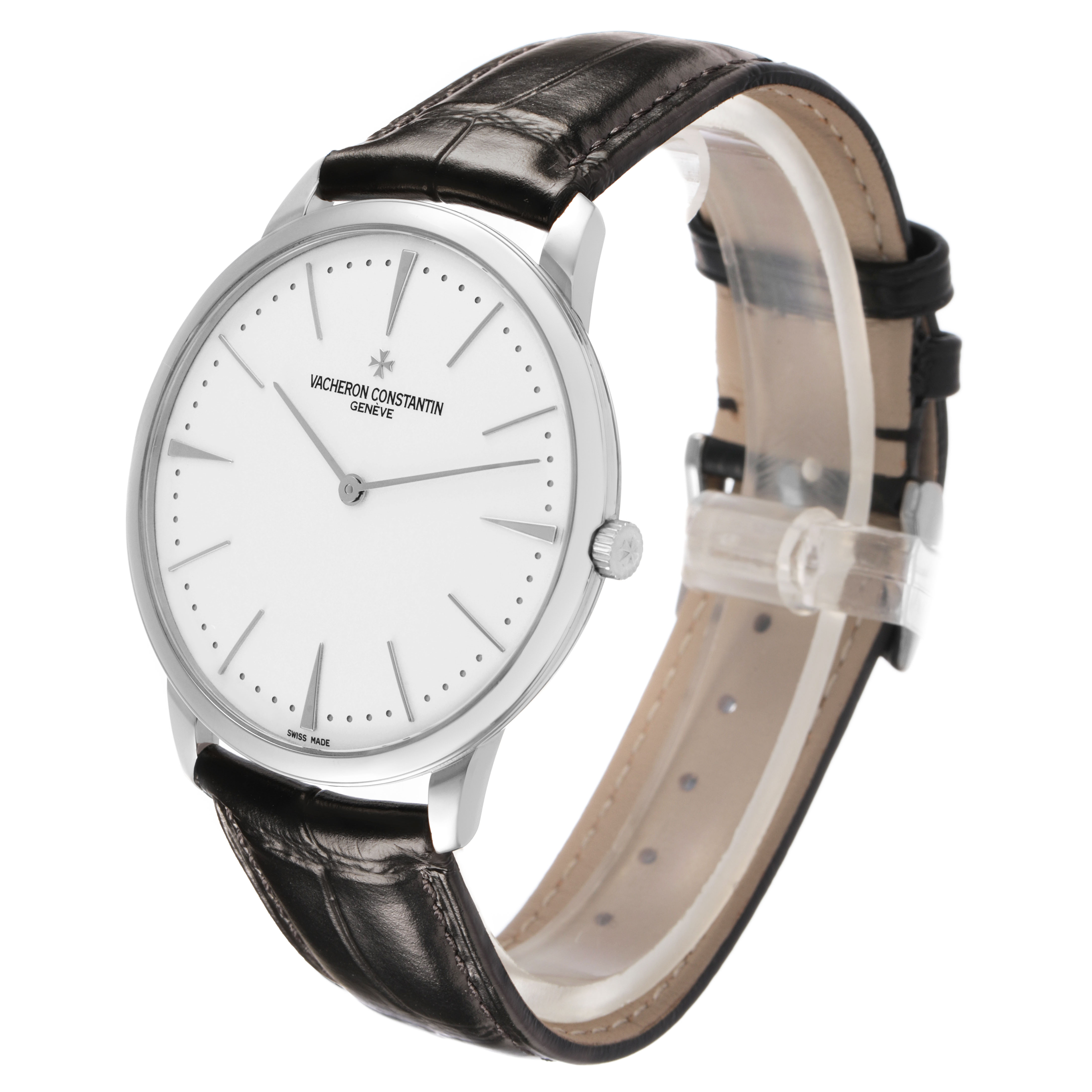 The Vacheron Constantin Patrimony 81180/000G-9117 Men's White Gold Silver Dial watch is shown at a slight angle, displaying the face, case, strap, and side crown.