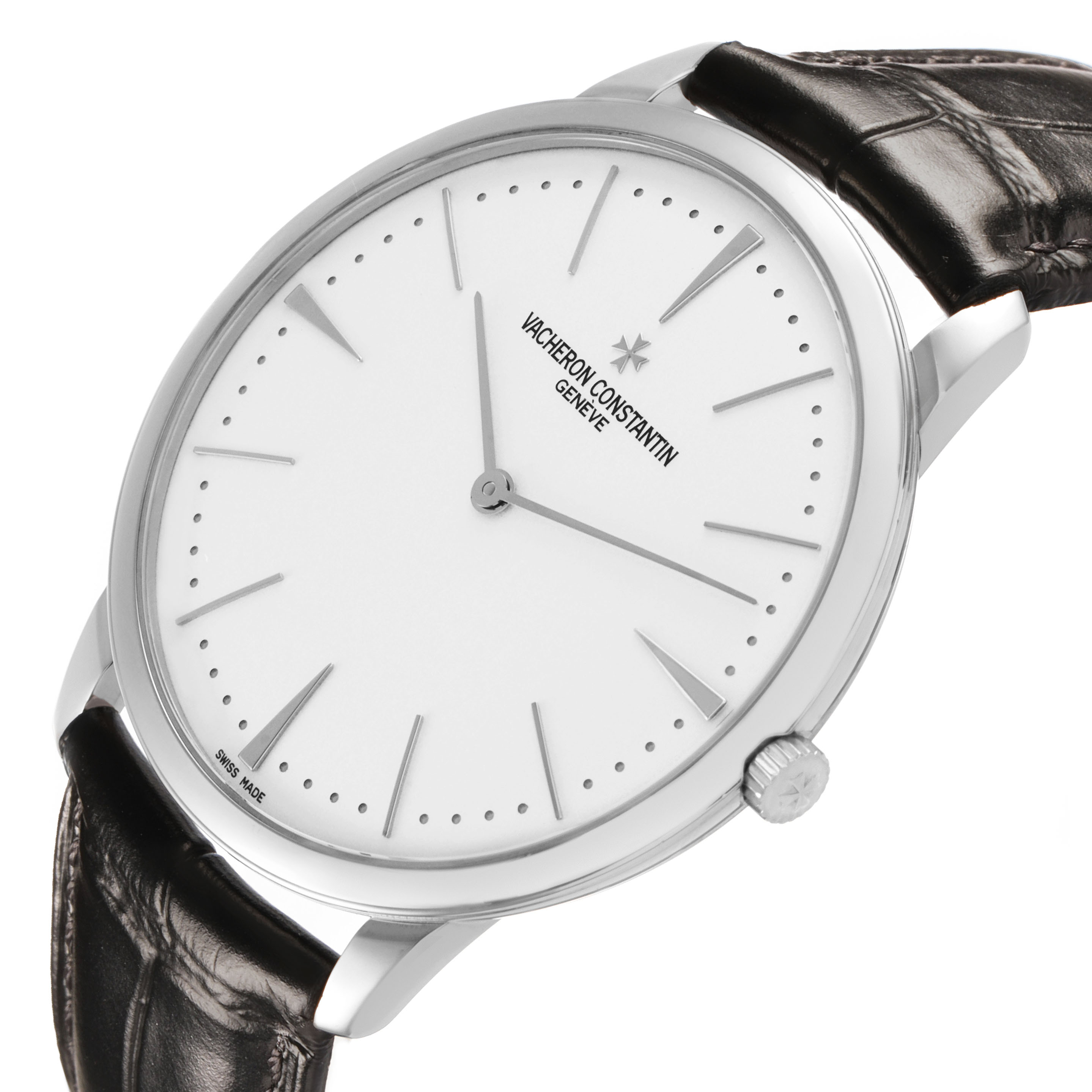 The Vacheron Constantin Patrimony 81180/000G-9117 Men's White Gold Silver Dial watch is shown at a slight angle, displaying the face, bezel, crown, and leather strap.