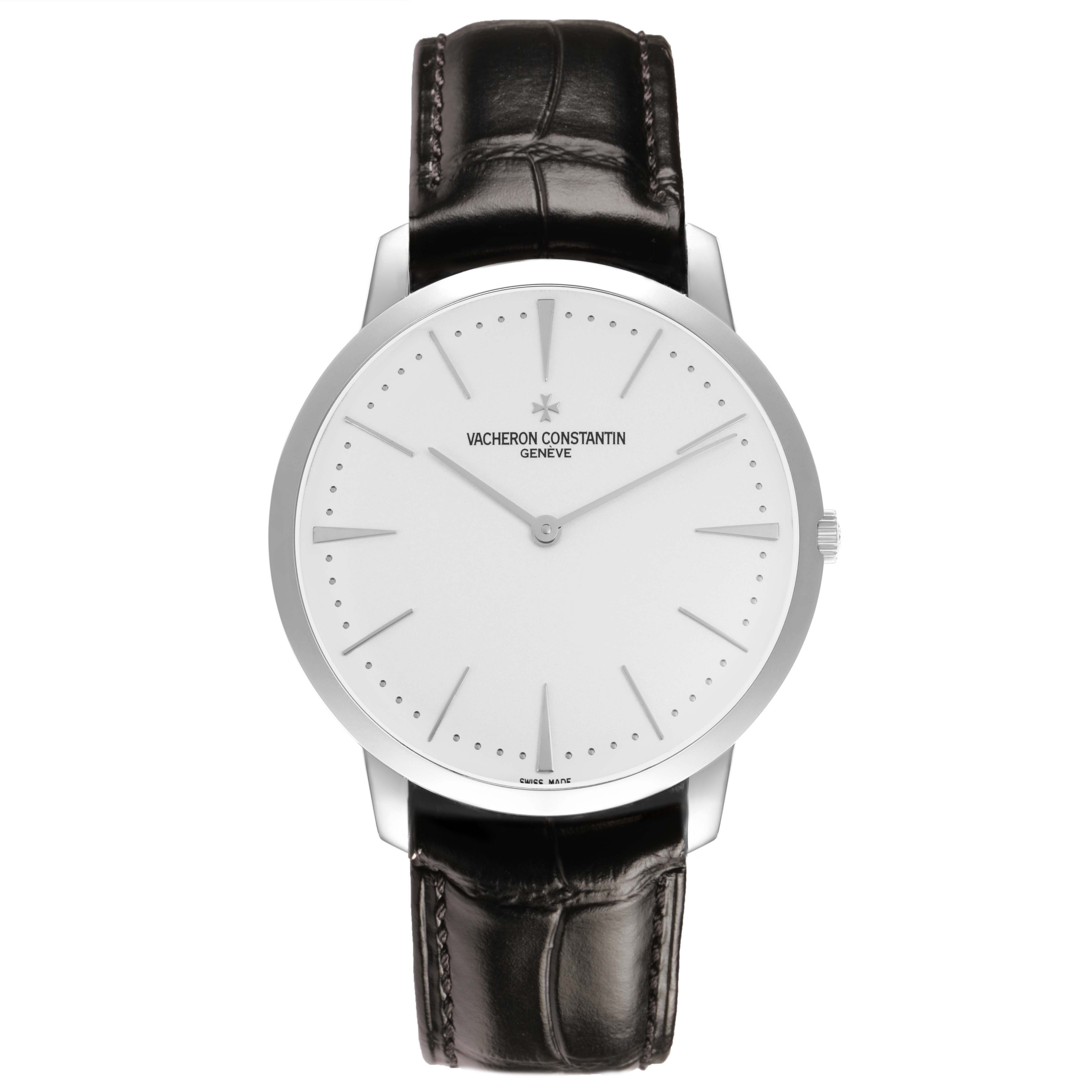 The Vacheron Constantin Patrimony 81180/000G-9117 Men's White Gold Silver Dial watch is shown from a front angle, displaying its dial, hands, and strap.