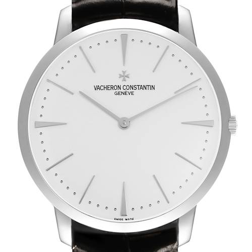 The Vacheron Constantin Patrimony 81180/000G-9117 Men's White Gold Silver Dial watch is shown from a front view, highlighting its face, markers, and leather strap.