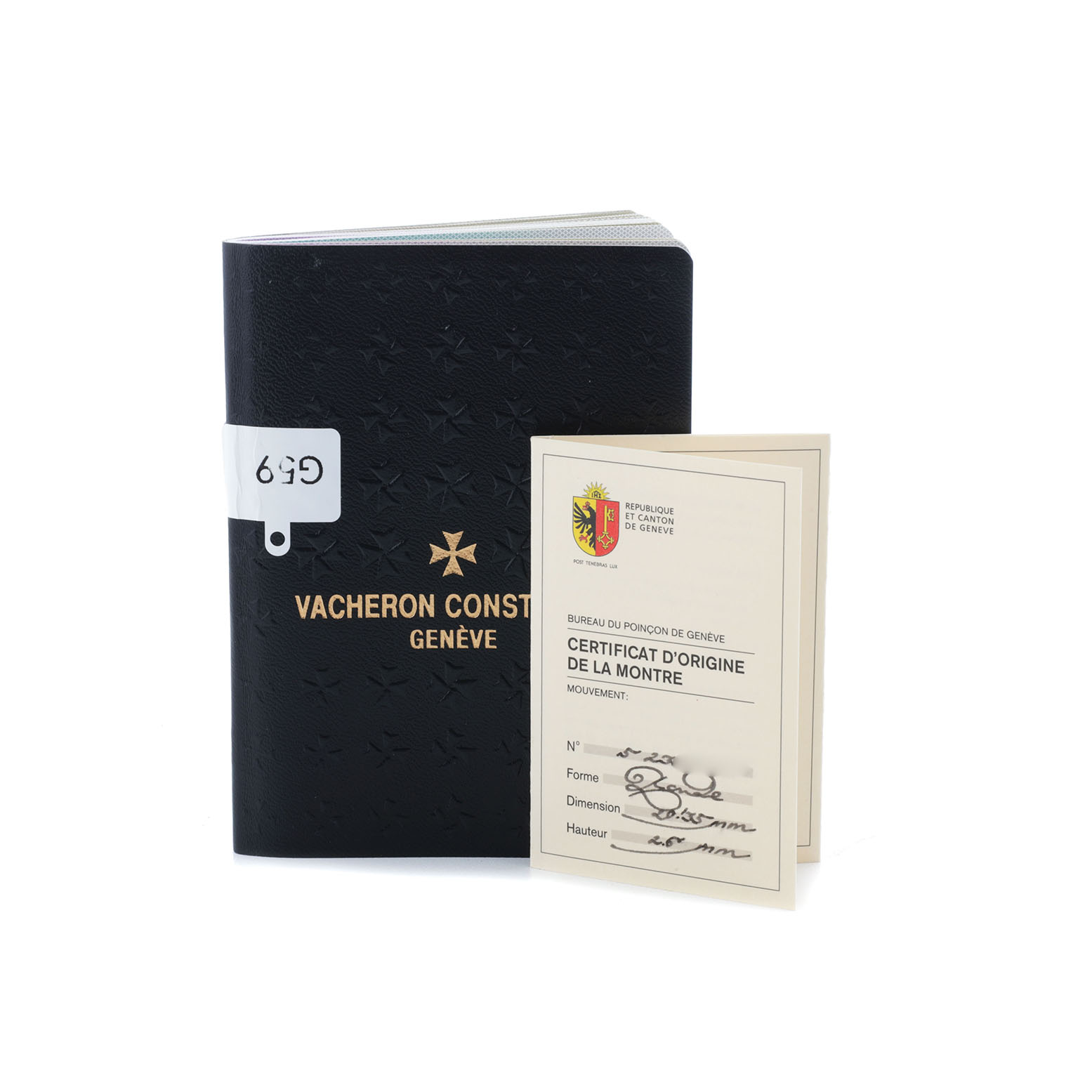 The image shows the Vacheron Constantin Patrimony 81180/000G-9117 Men's White Gold Silver Dial warranty booklet and certificate of origin, viewed from the front.