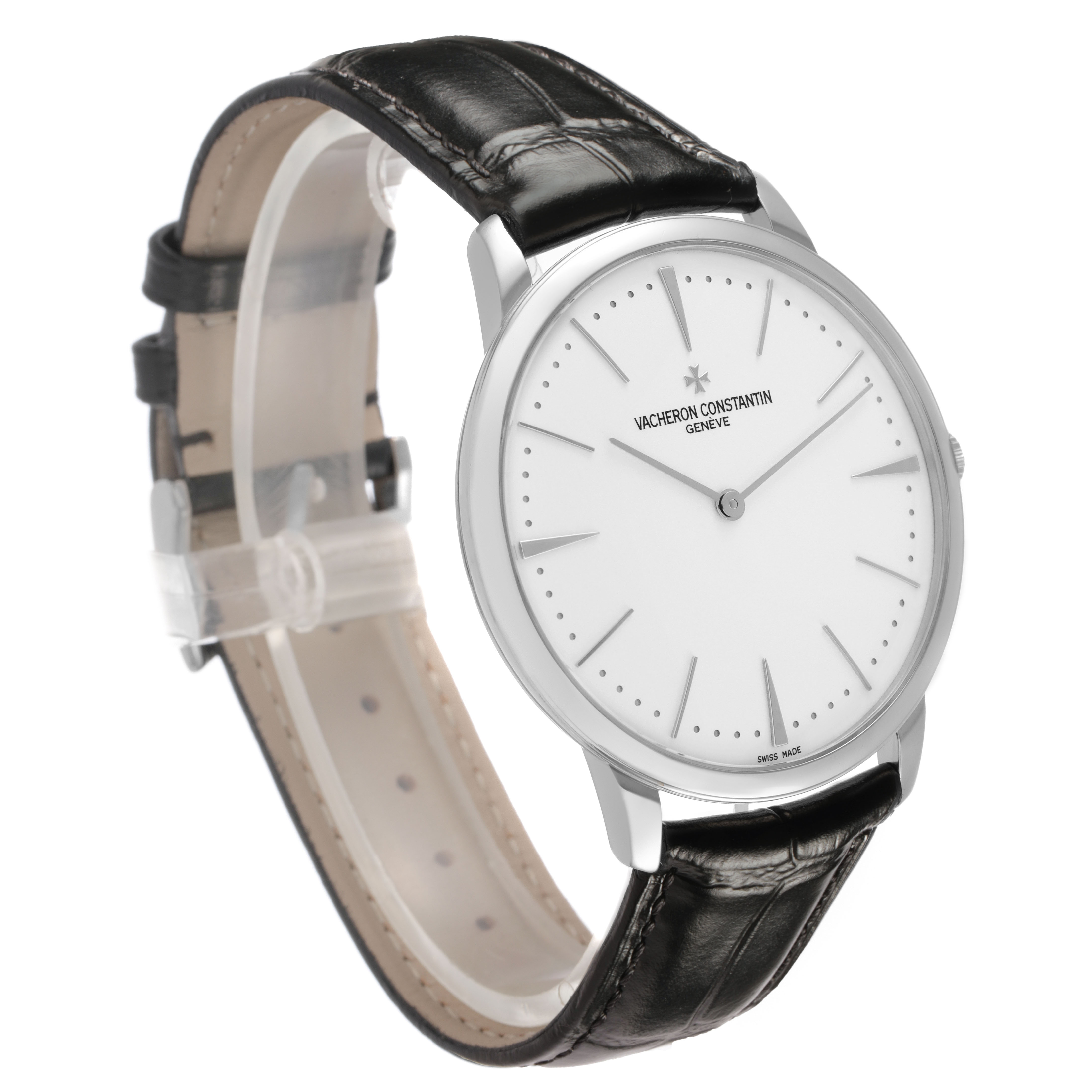 The Vacheron Constantin Patrimony 81180/000G-9117 Men's White Gold Silver Dial watch is shown at a three-quarter angle, displaying the dial, case, and leather strap.
