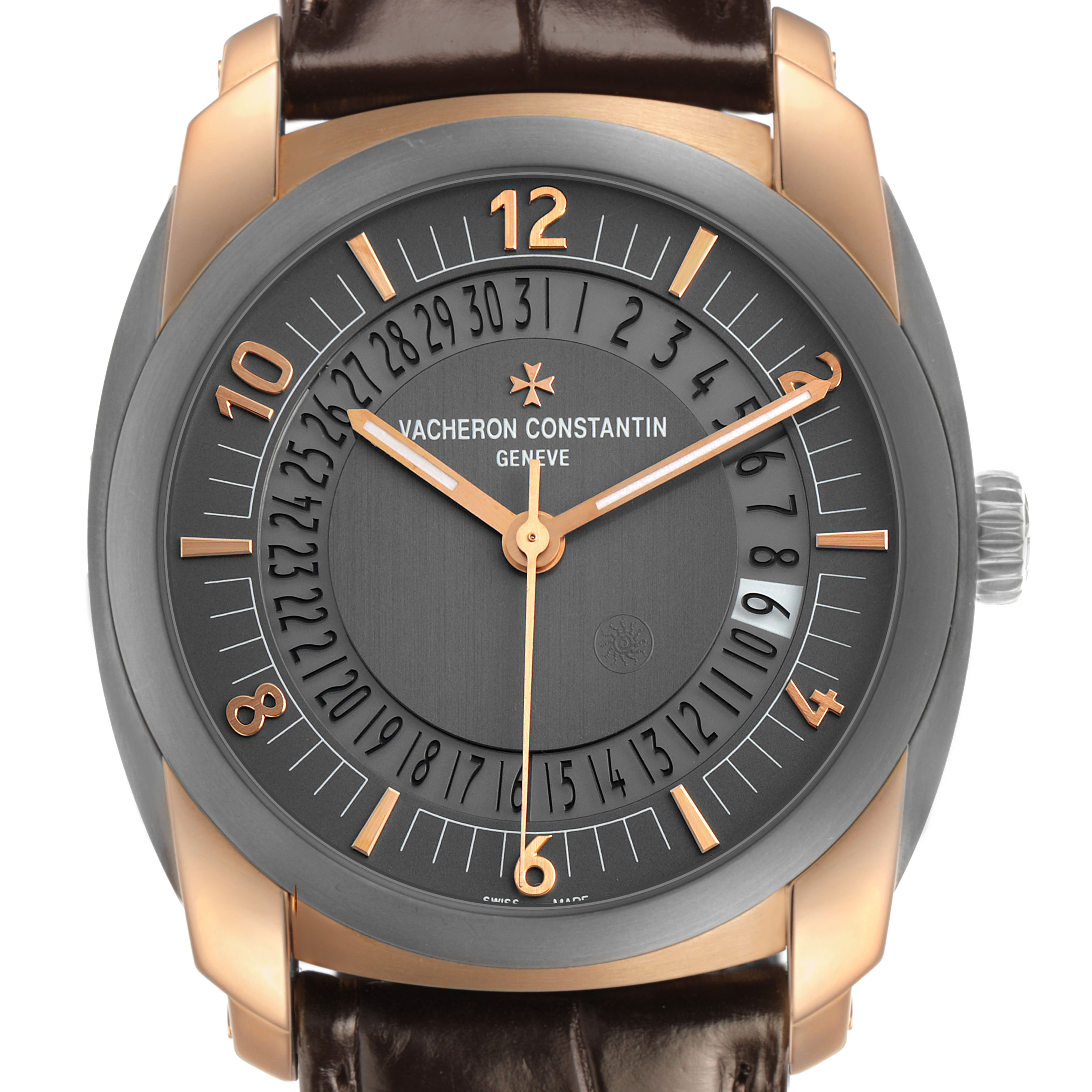The Vacheron Constantin Quai de l'Ile watch is shown head-on, highlighting the dial, case, hands, and strap attachment.