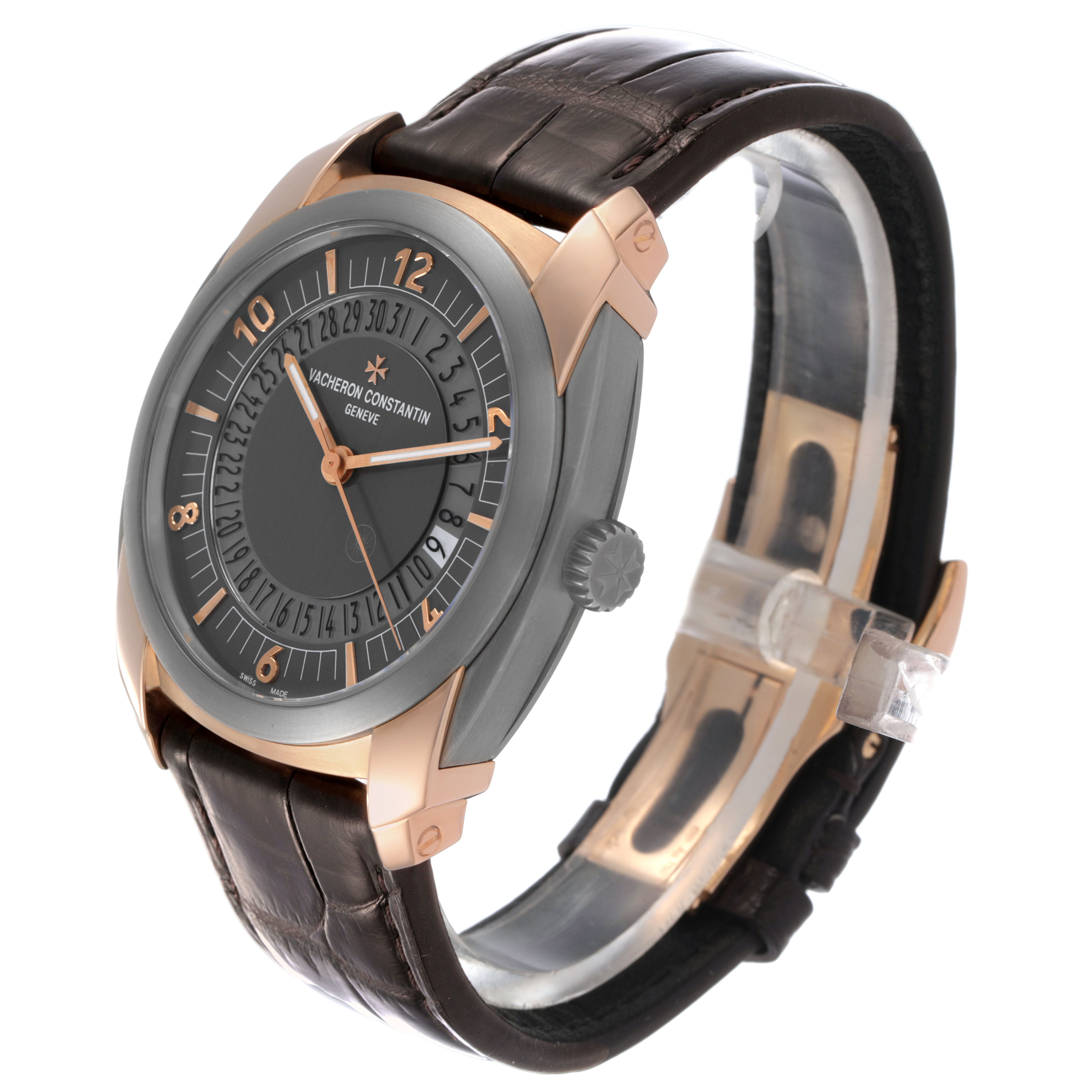 The Vacheron Constantin Quai de Lile 86050/000T-9343 Men's Titanium Grey Dial watch is shown at a three-quarter angle, highlighting its dial, bezel, and strap.