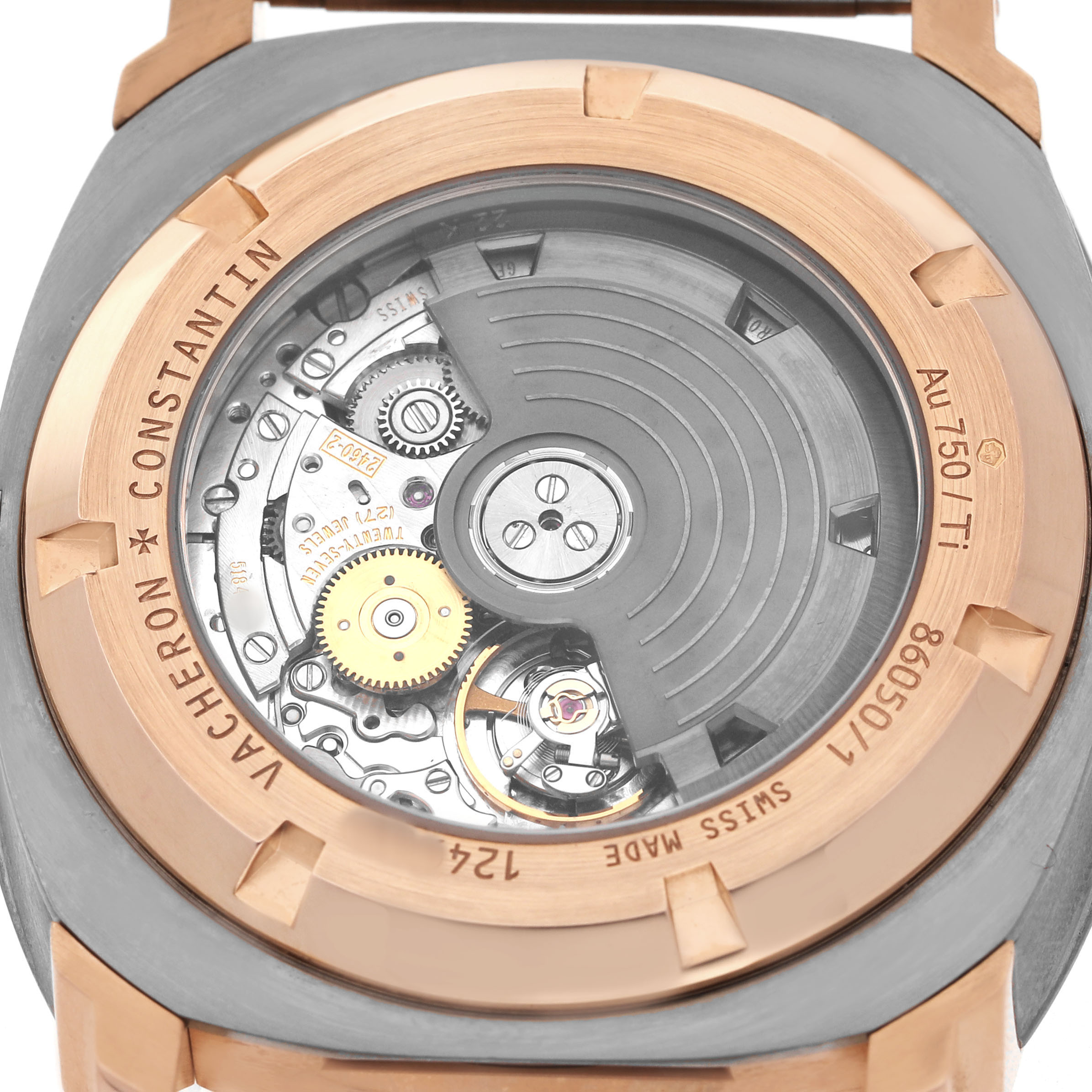 The image shows the case back of the Vacheron Constantin Quai de l'Ile watch, highlighting its movement and rotor.