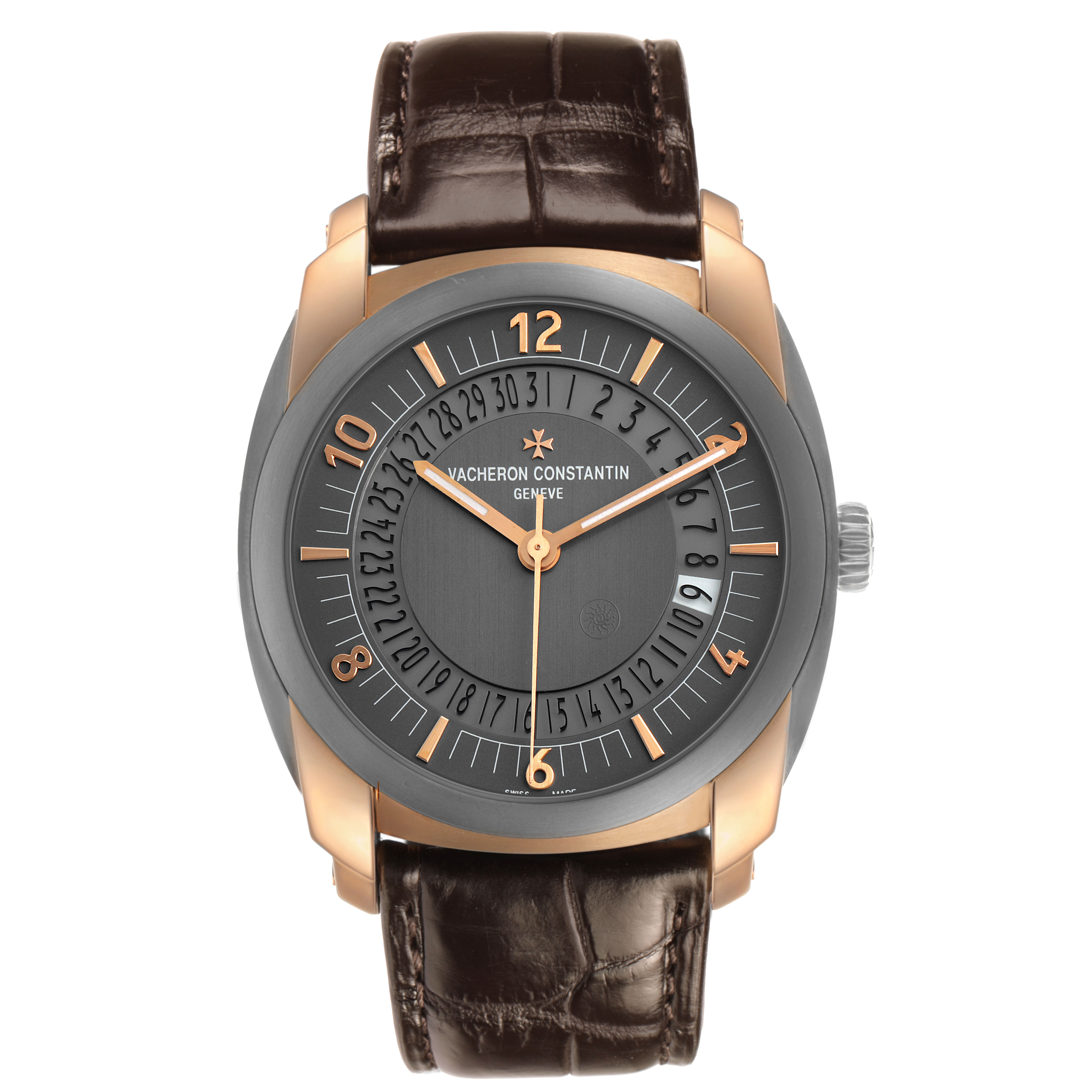 The Vacheron Constantin Quai de L'Île watch is shown from the front, featuring the dial and leather strap.