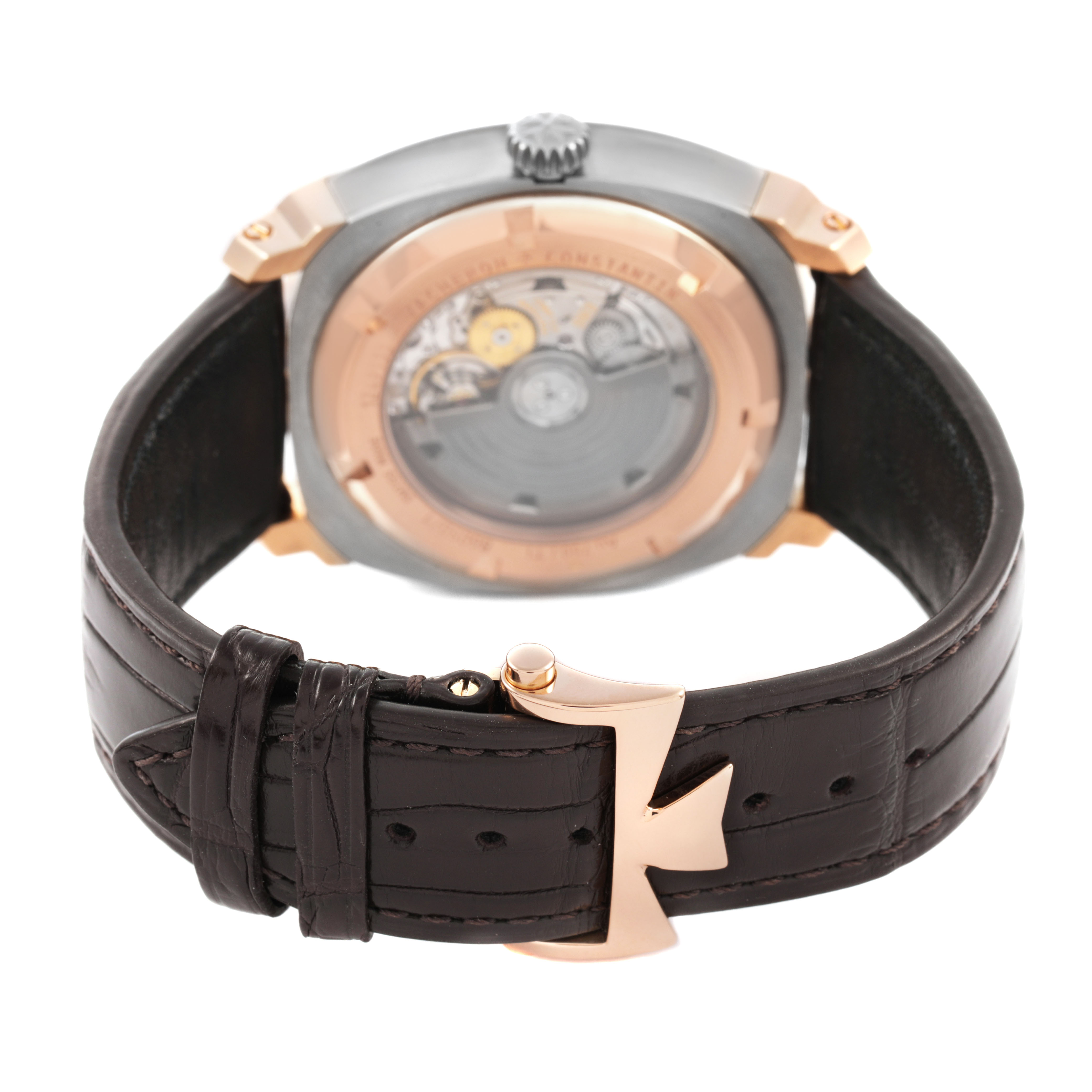 The image shows the back view of the Vacheron Constantin Quai de l'Ile watch, highlighting the case back and leather strap with clasp.