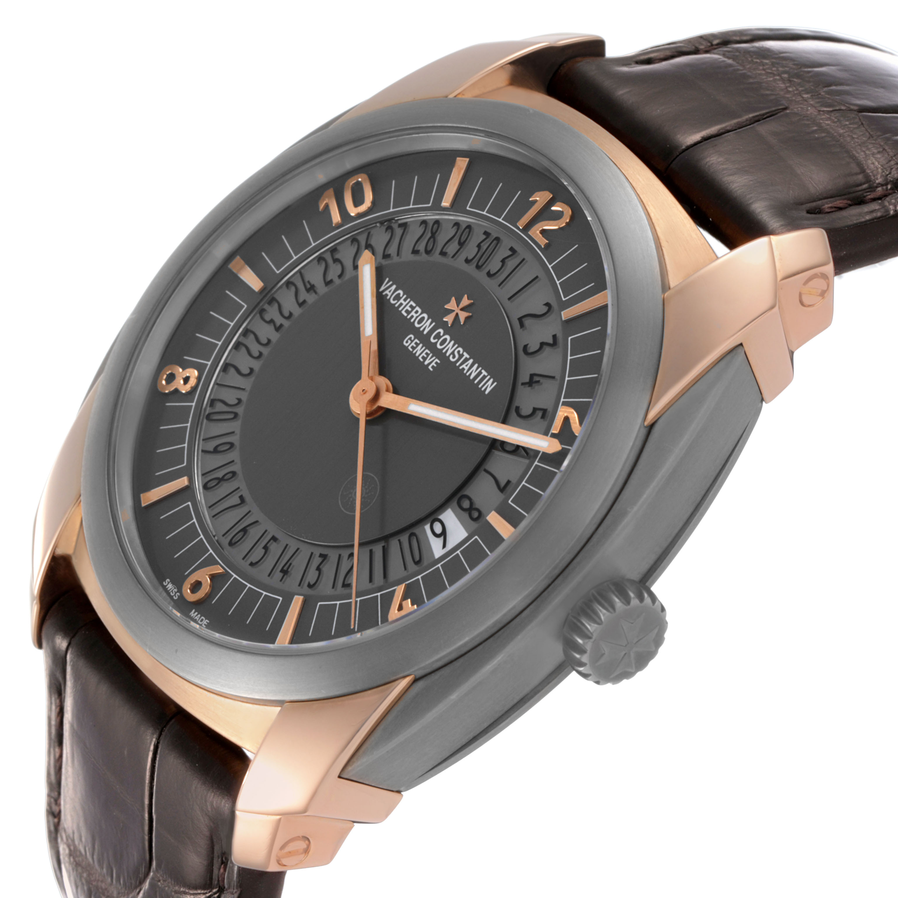 The Vacheron Constantin Quai de L'Île watch is shown at a slight side angle, highlighting its dial, case, bezel, and leather strap.