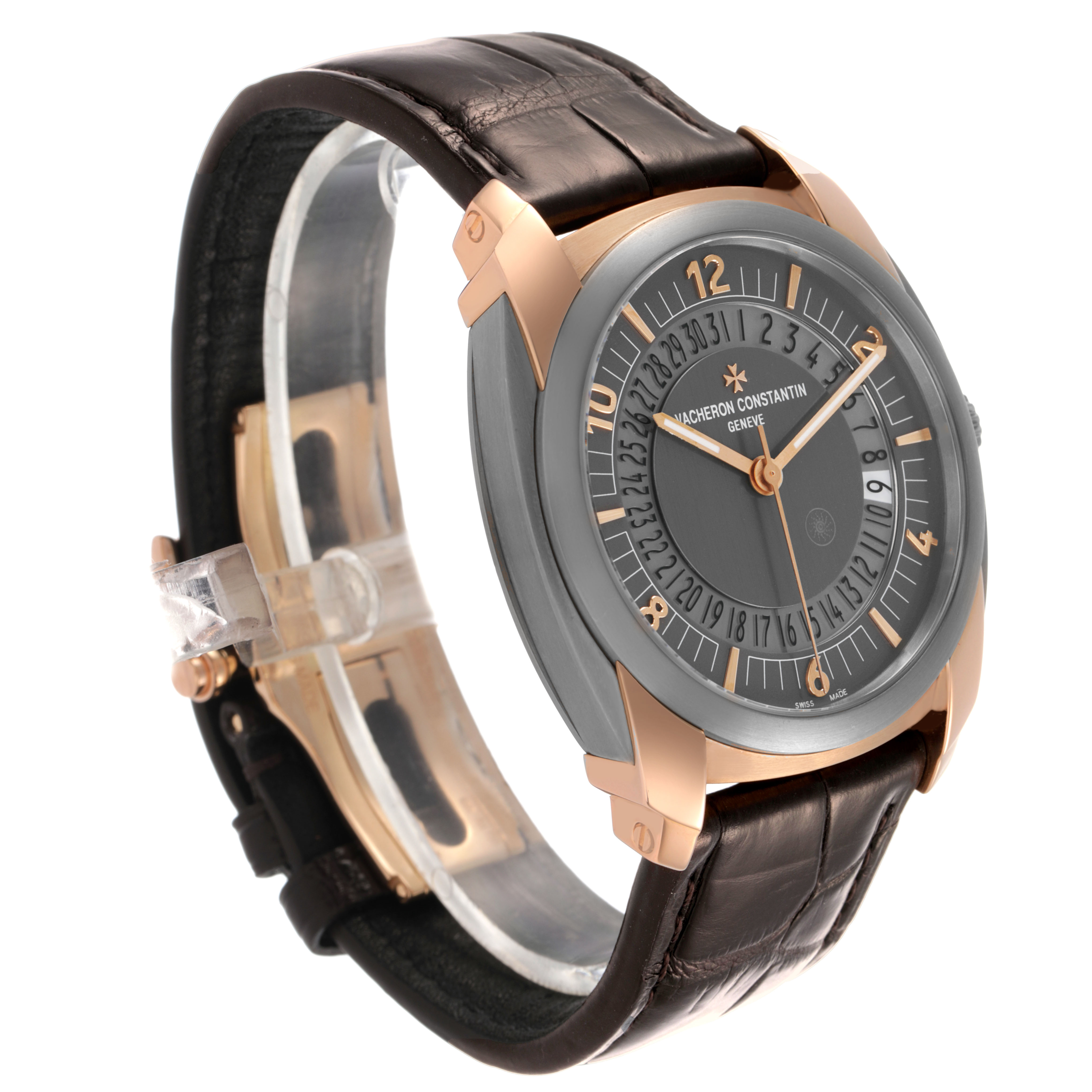 The Vacheron Constantin Quai de l'Ile watch is shown at a three-quarter angle highlighting its dial, case, and strap.