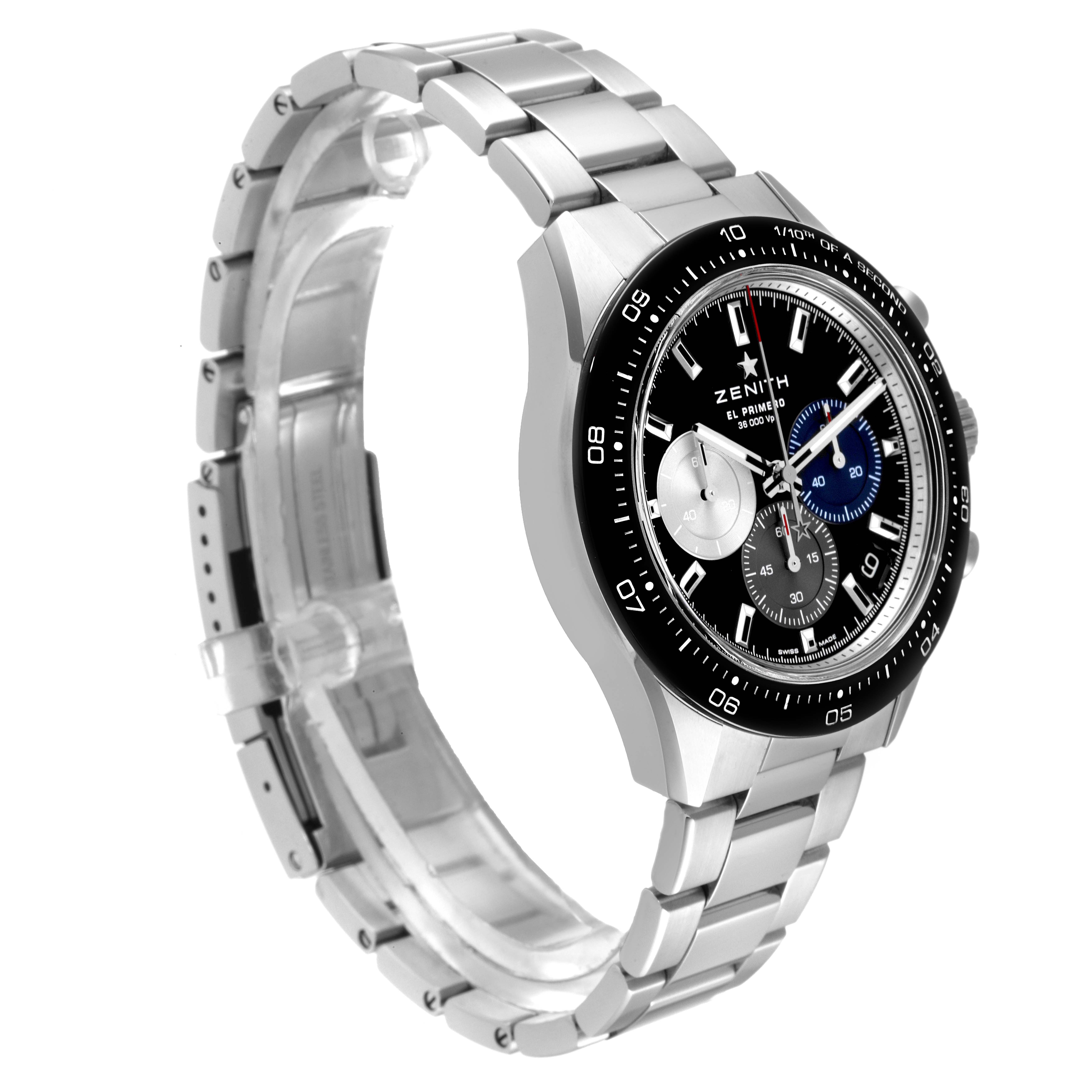 This is a side angle view of the Zenith Chronomaster 03.3100.3600 Men's Stainless Steel Black Dial 03.3100.3600 Men's Stainless Steel Black Dial watch, showing the case, dial, and metal bracelet.