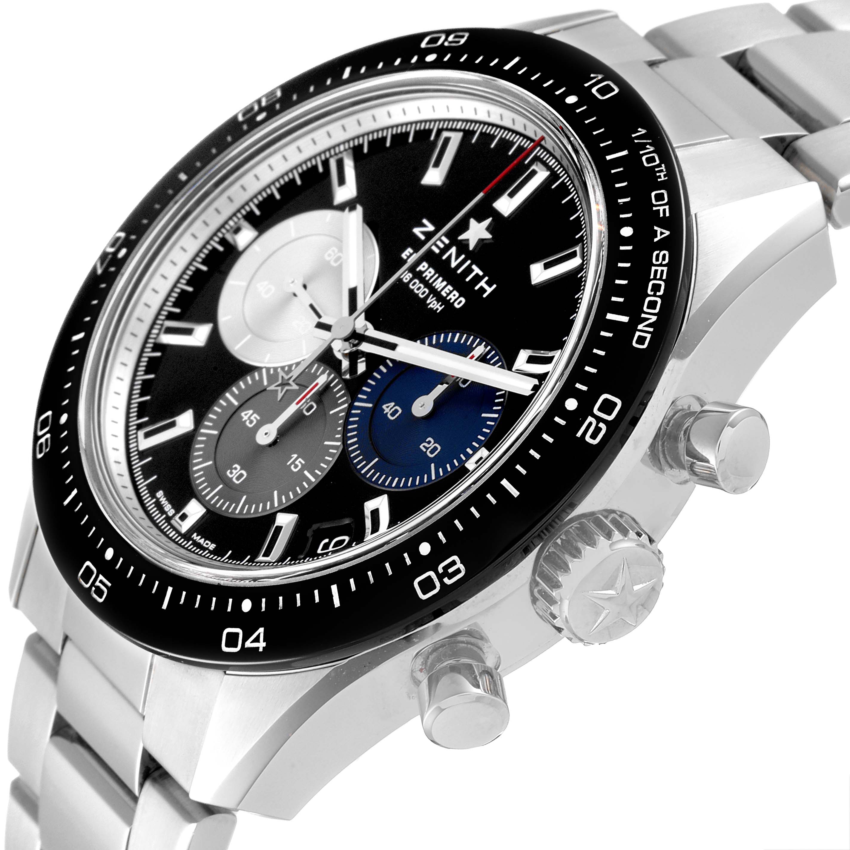 The image shows a Zenith Chronomaster 03.3100.3600 Men's Stainless Steel Black Dial 03.3100.3600 Men's Stainless Steel Black Dial watch at a three-quarter angle, highlighting its bezel, dial, crown, and pushers.