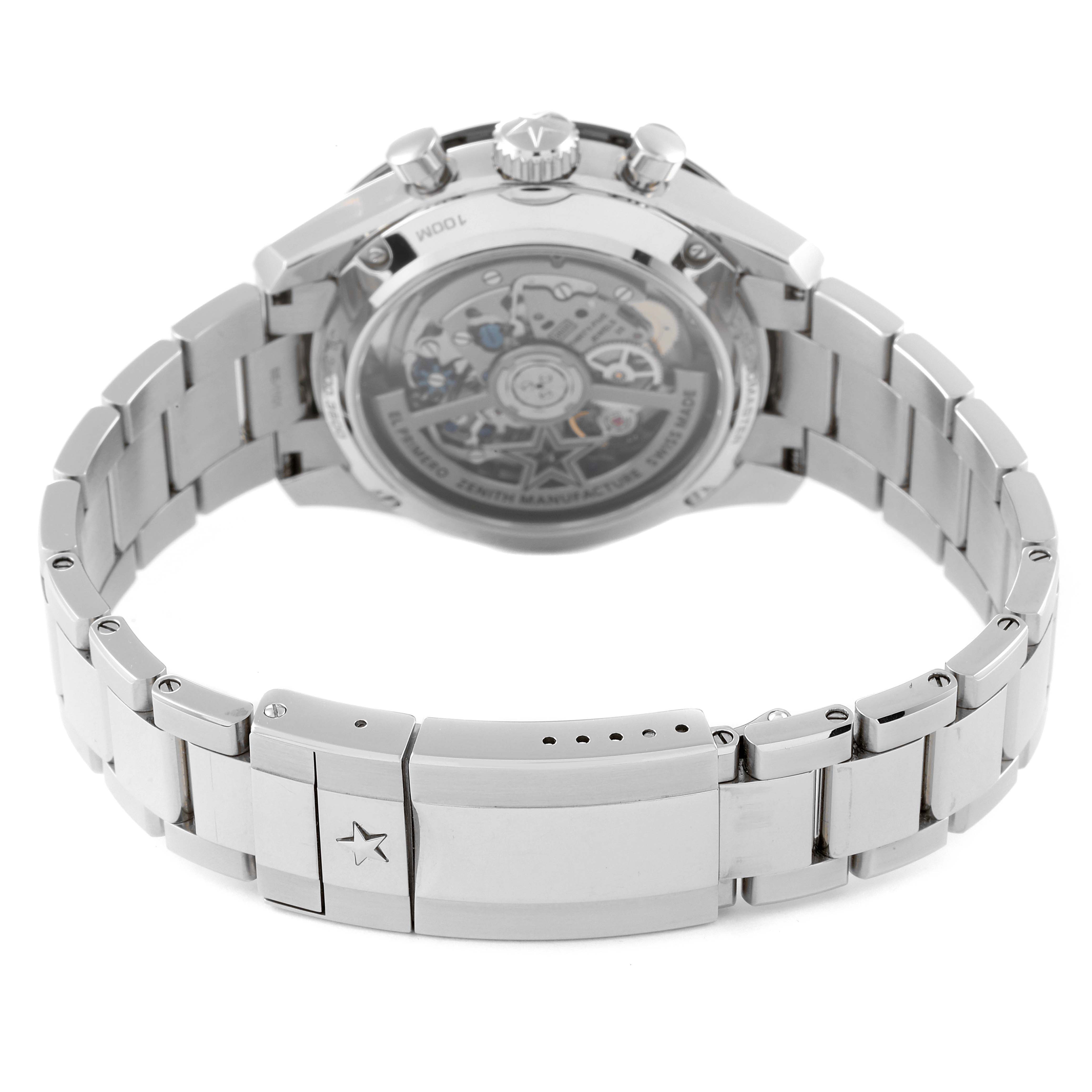 The image shows the back view of the Zenith Chronomaster 03.3100.3600 Men's Stainless Steel Black Dial 03.3100.3600 Men's Stainless Steel Black Dial watch, highlighting its transparent case back and metallic bracelet.