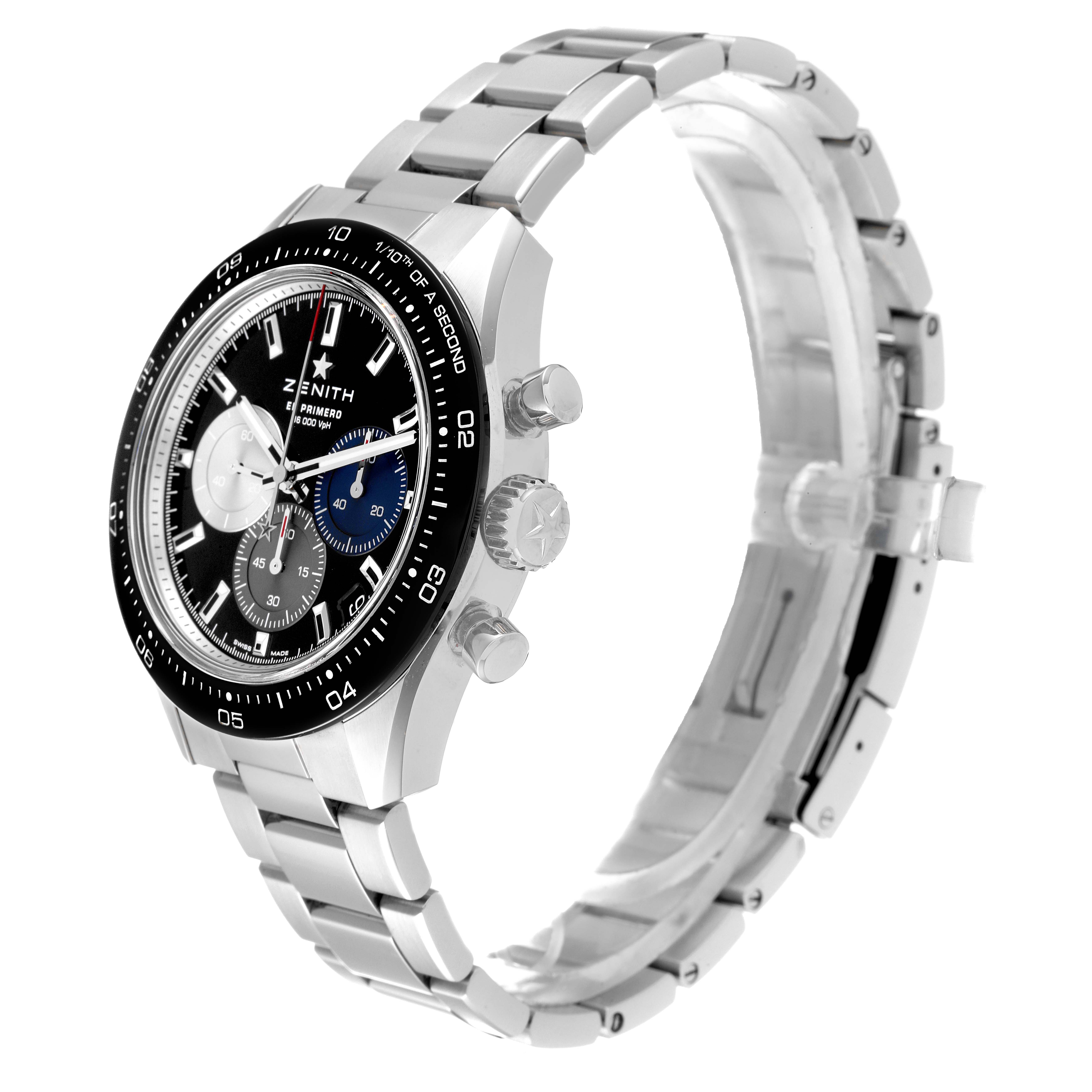 The Zenith Chronomaster 03.3100.3600 Men's Stainless Steel Black Dial 03.3100.3600 Men's Stainless Steel Black Dial watch is shown at a three-quarter angle, highlighting its face, crown, pushers, and metal bracelet.