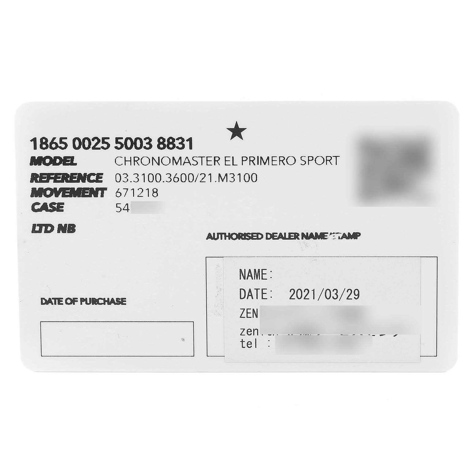 The image shows the warranty card of the Zenith Chronomaster 03.3100.3600 Men's Stainless Steel Black Dial 03.3100.3600 Men's Stainless Steel Black Dial El Primero Sport watch.