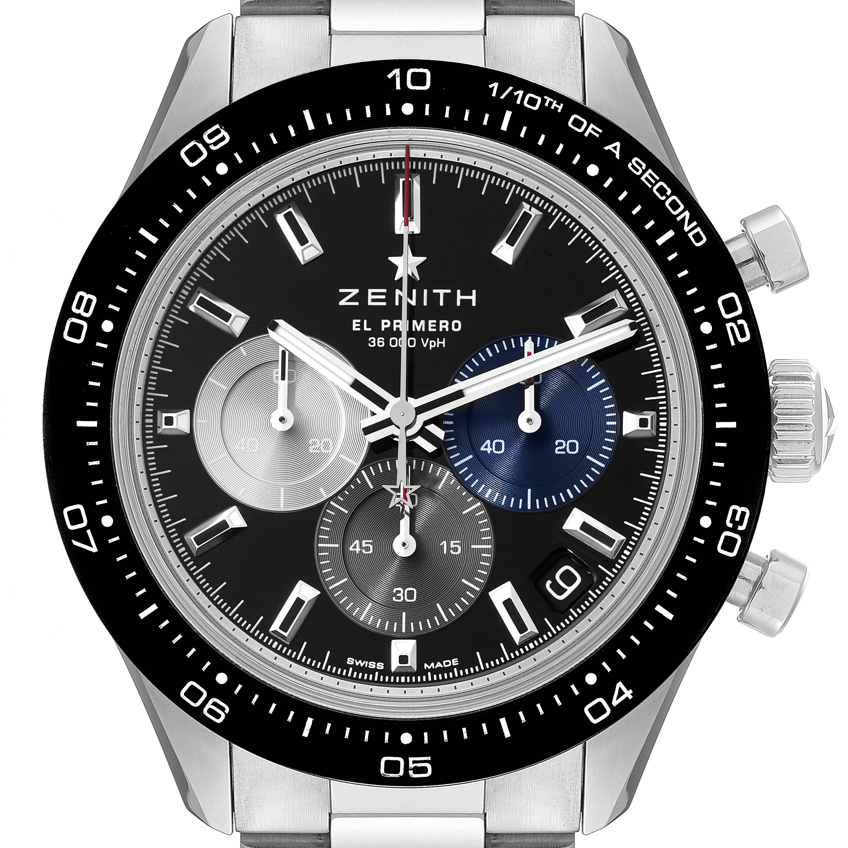 The image shows a front view of the Zenith Chronomaster 03.3100.3600 Men's Stainless Steel Black Dial 03.3100.3600 Men's Stainless Steel Black Dial watch, highlighting the dial, subdials, crown, and bezel.