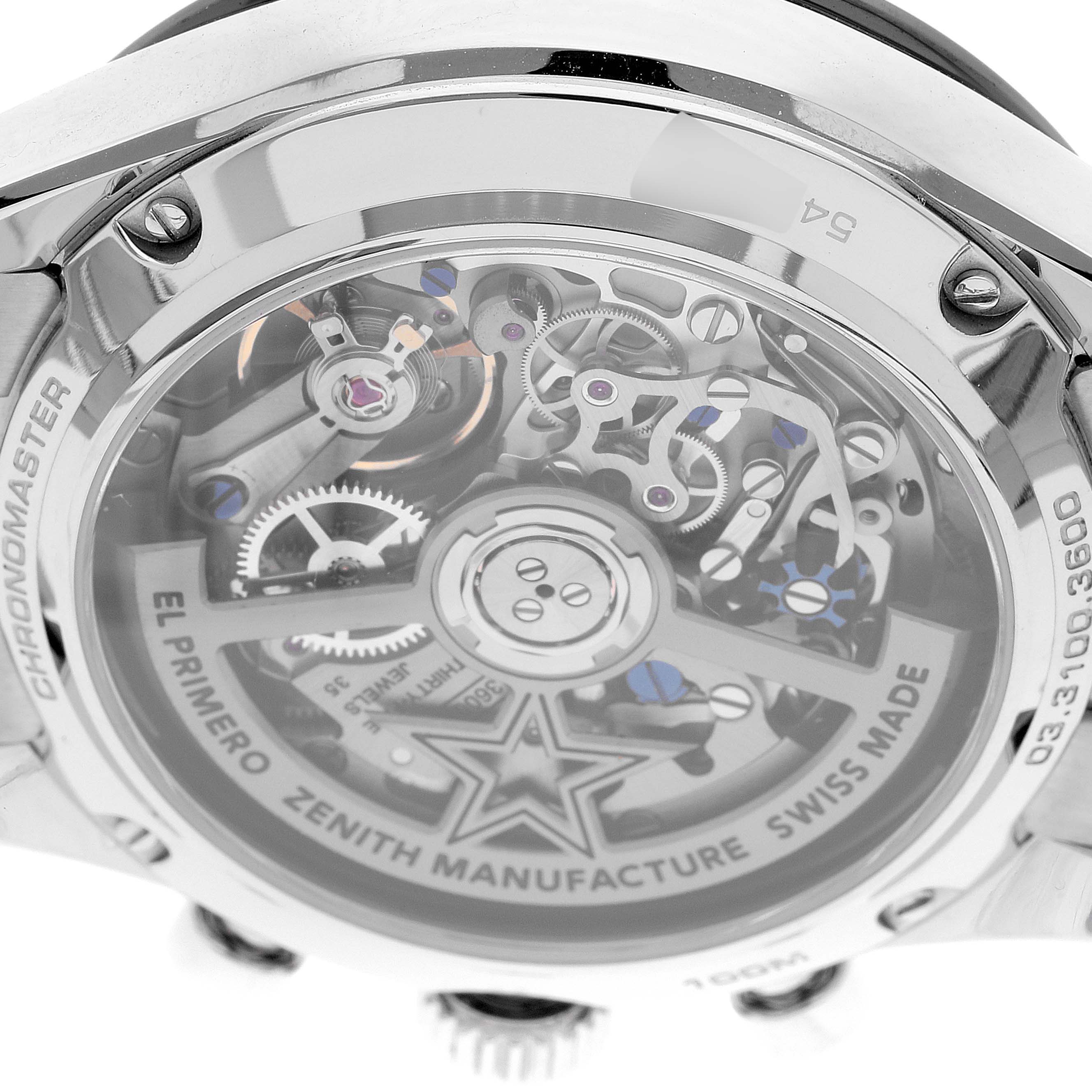 The image shows the back view of a Zenith Chronomaster 03.3100.3600 Men's Stainless Steel Black Dial 03.3100.3600 Men's Stainless Steel Black Dial watch, revealing its exposed movement and intricate inner mechanisms.