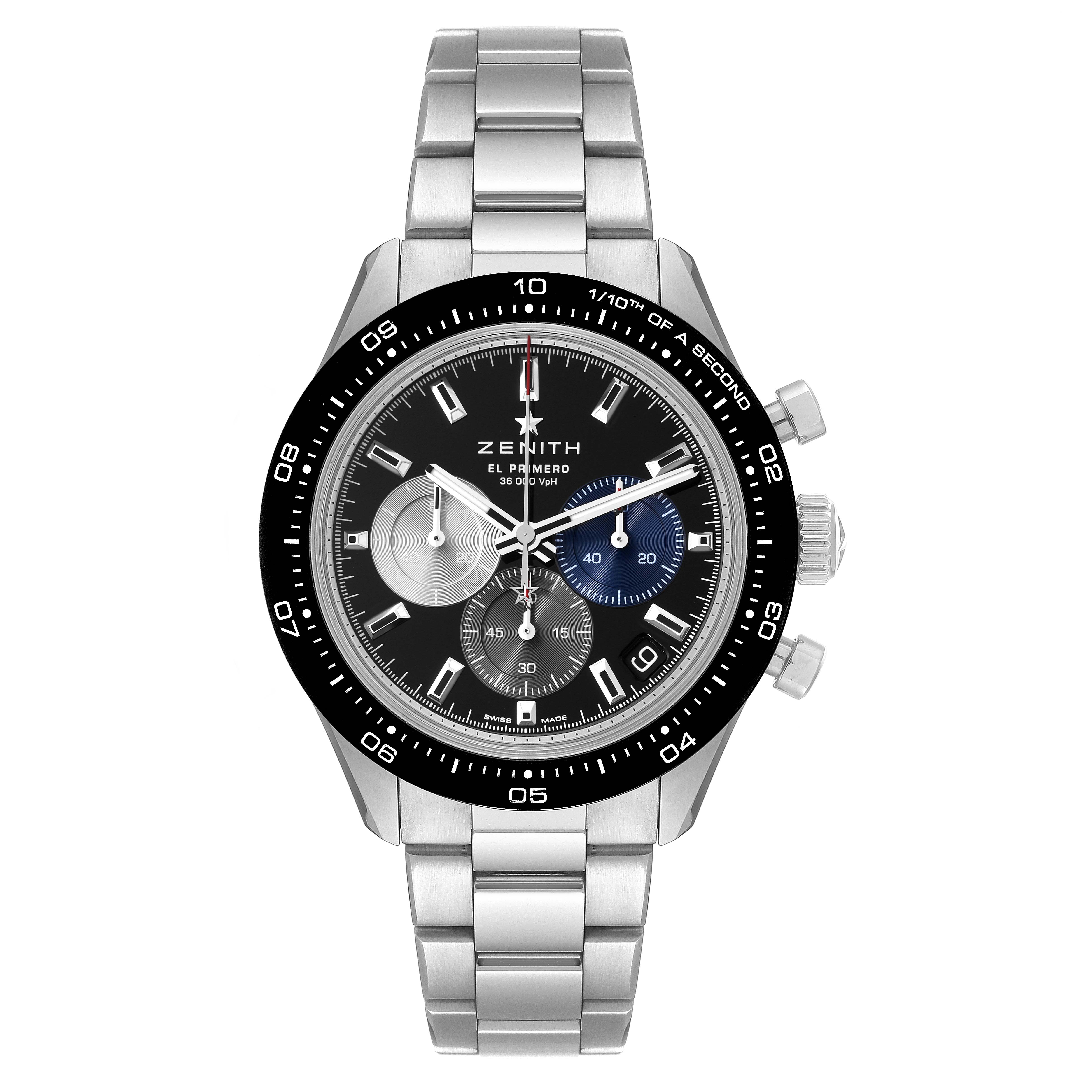 The image shows a Zenith Chronomaster 03.3100.3600 Men's Stainless Steel Black Dial 03.3100.3600 Men's Stainless Steel Black Dial watch from a front angle, highlighting its face, bezel, pushers, and metal bracelet.