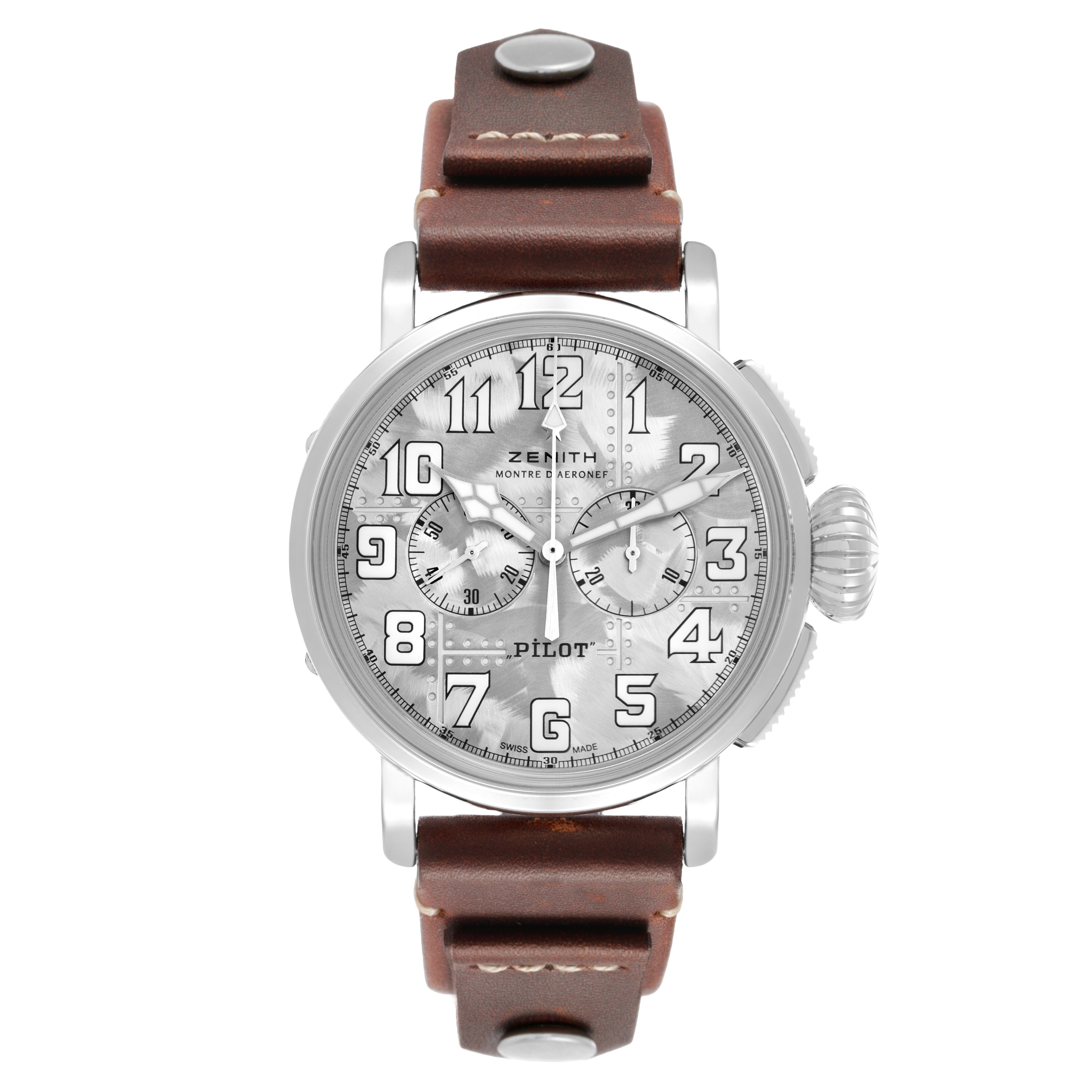 The Zenith Pilot 05.2430.4069/17.I011 Men's Titanium Silver Dial watch is shown from a front angle, highlighting its dial, case, and leather strap.