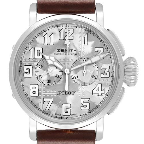 The Zenith Pilot 05.2430.4069/17.I011 Men's Titanium Silver Dial watch is shown from the front, displaying its dial, numerals, subdials, crown, and brown strap.