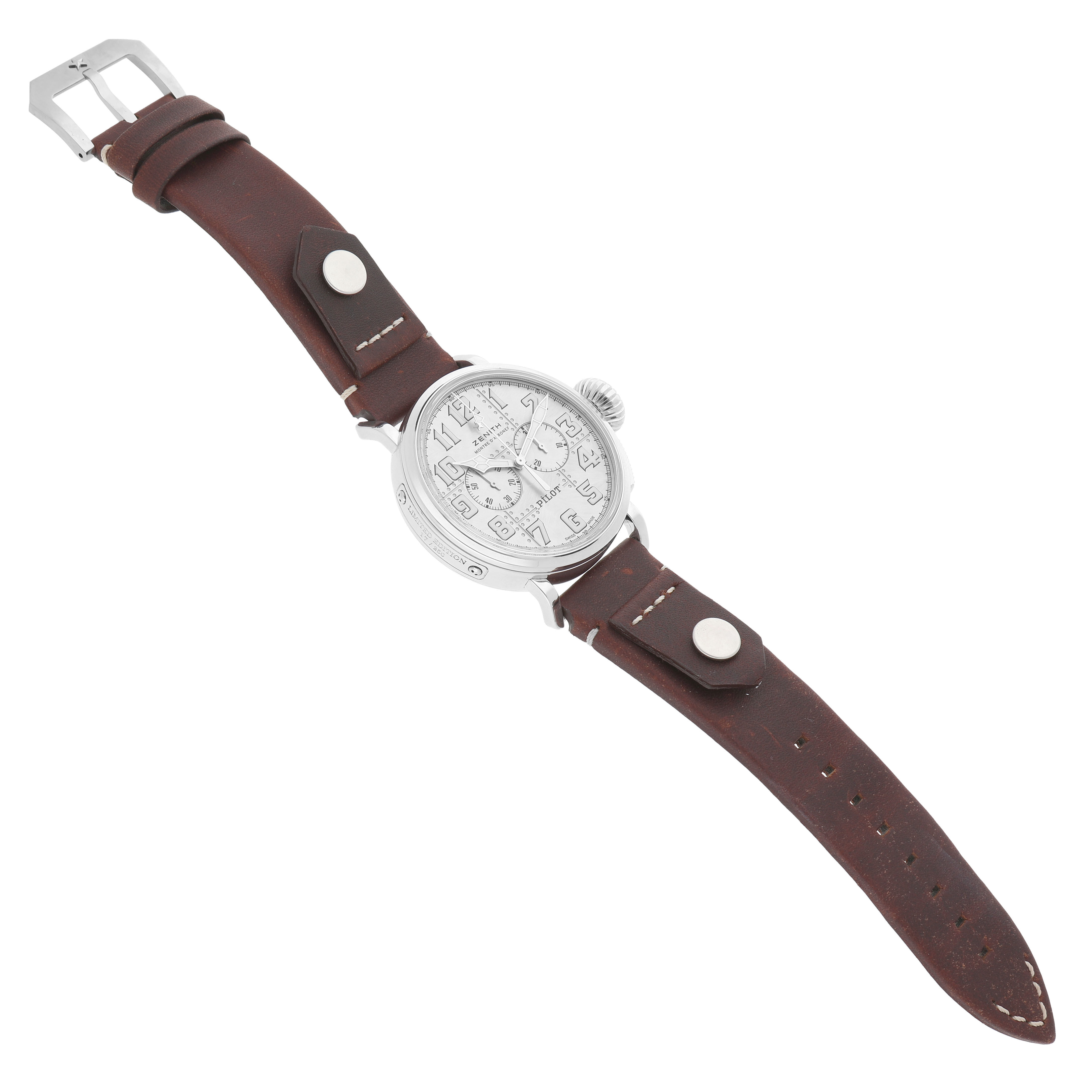 The Zenith Pilot 05.2430.4069/17.I011 Men's Titanium Silver Dial watch is shown at a slight angle, displaying the face, bezel, crown, and brown leather strap with buckle.