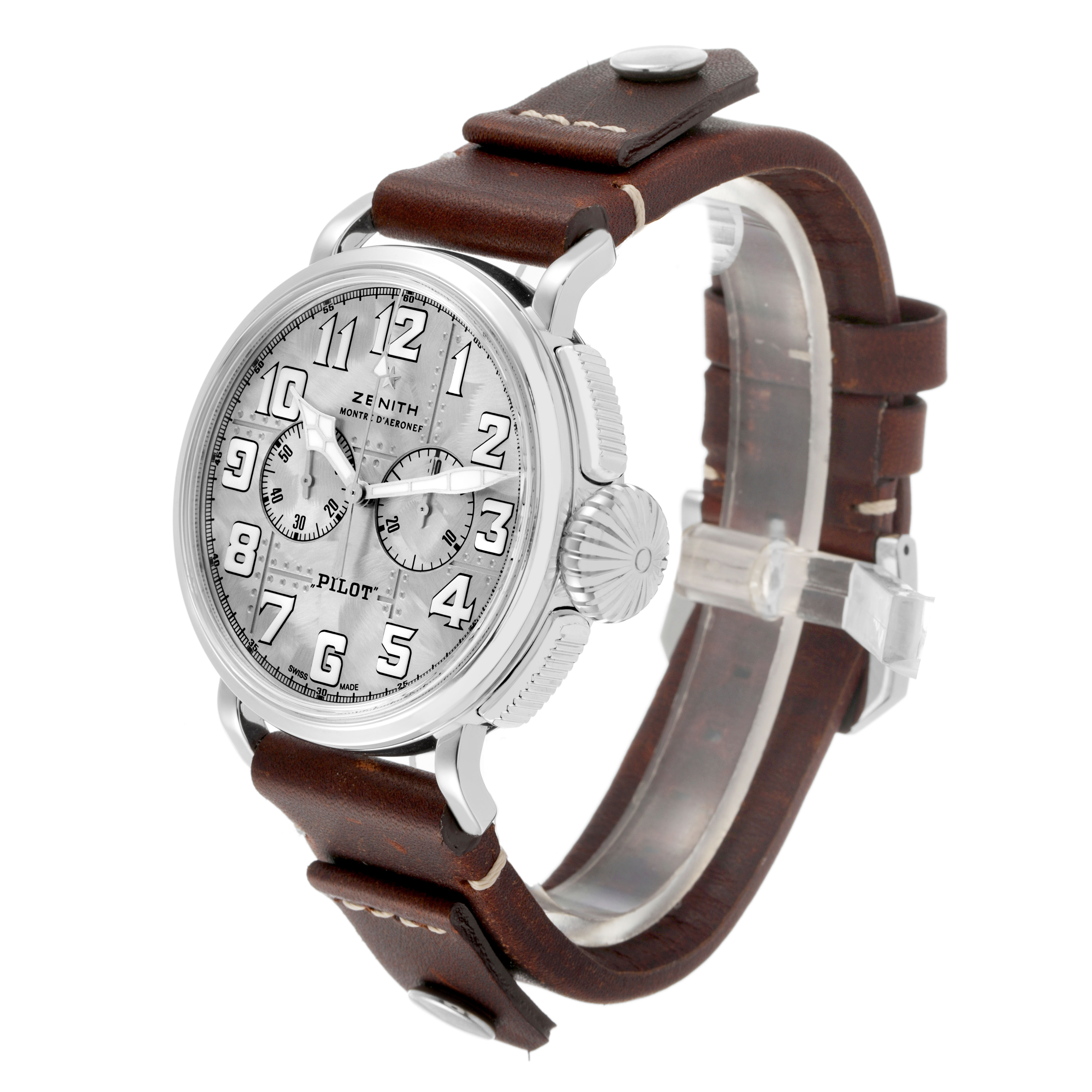 The Zenith Pilot 05.2430.4069/17.I011 Men's Titanium Silver Dial watch is shown at a slight angled side view, displaying its face, crown, and leather strap.