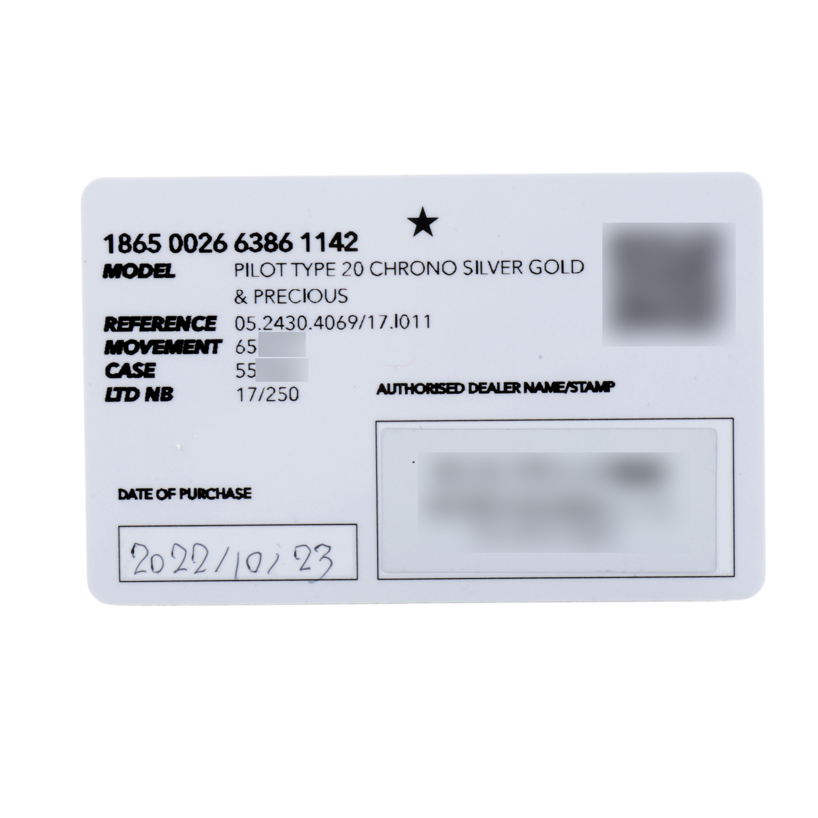 The image shows a warranty card for the Zenith Pilot 05.2430.4069/17.I011 Men's Titanium Silver Dial Type 20 Chrono Silver Gold & Precious watch.