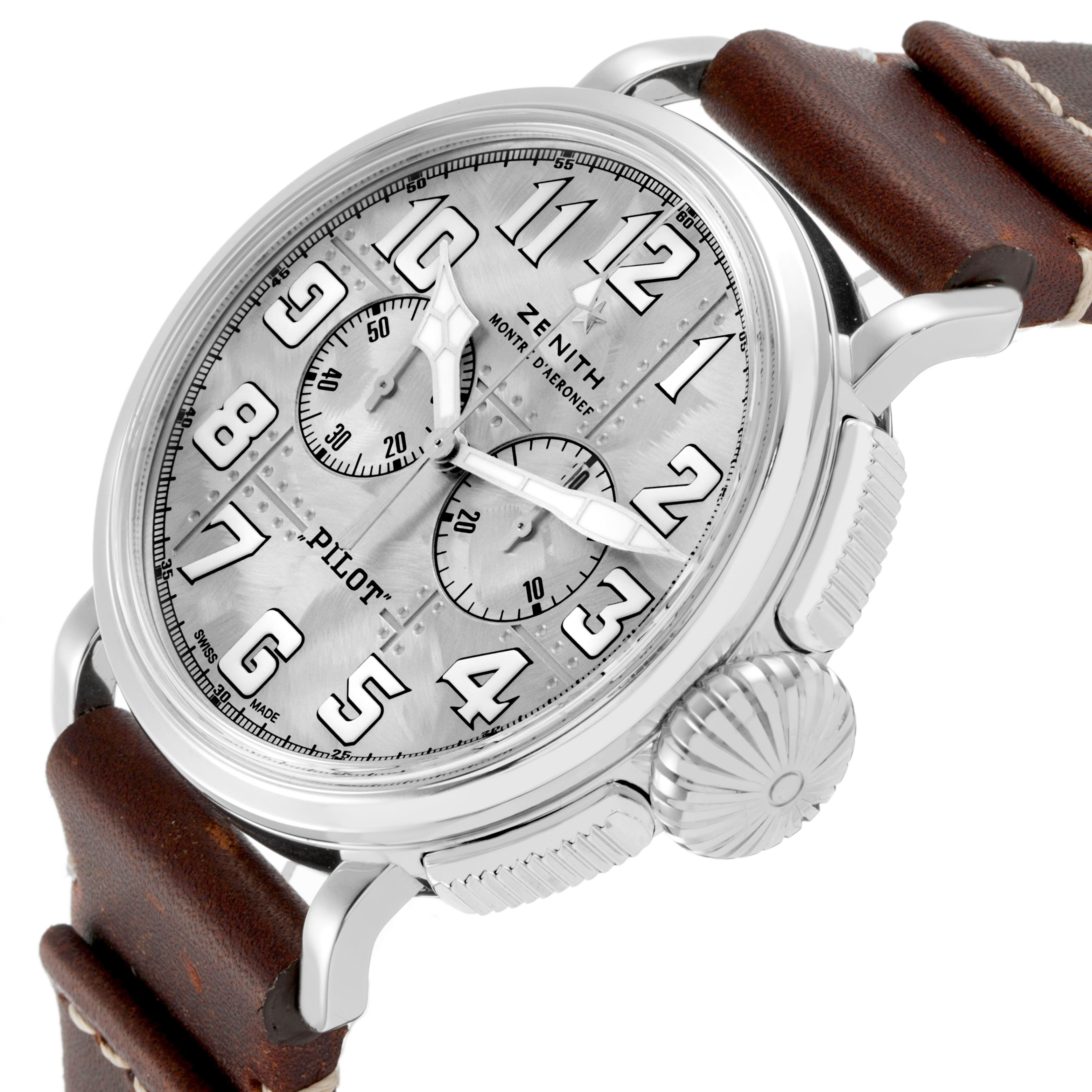 The Zenith Pilot 05.2430.4069/17.I011 Men's Titanium Silver Dial watch is shown at an angled view highlighting its dial, large numerals, and prominent crown with a leather strap.