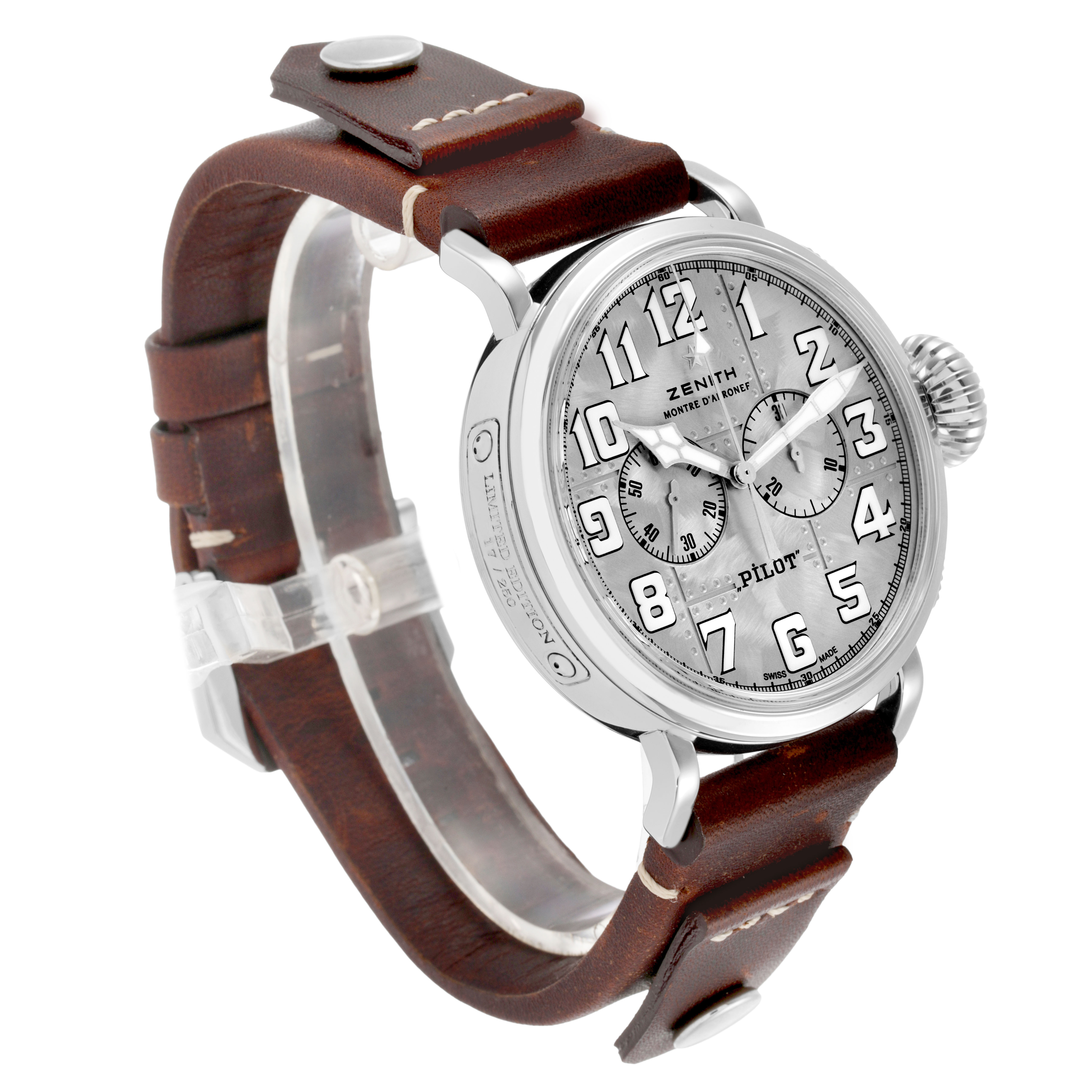 The Zenith Pilot 05.2430.4069/17.I011 Men's Titanium Silver Dial watch is shown at a three-quarter angle, highlighting its leather strap, dial, and large crown.