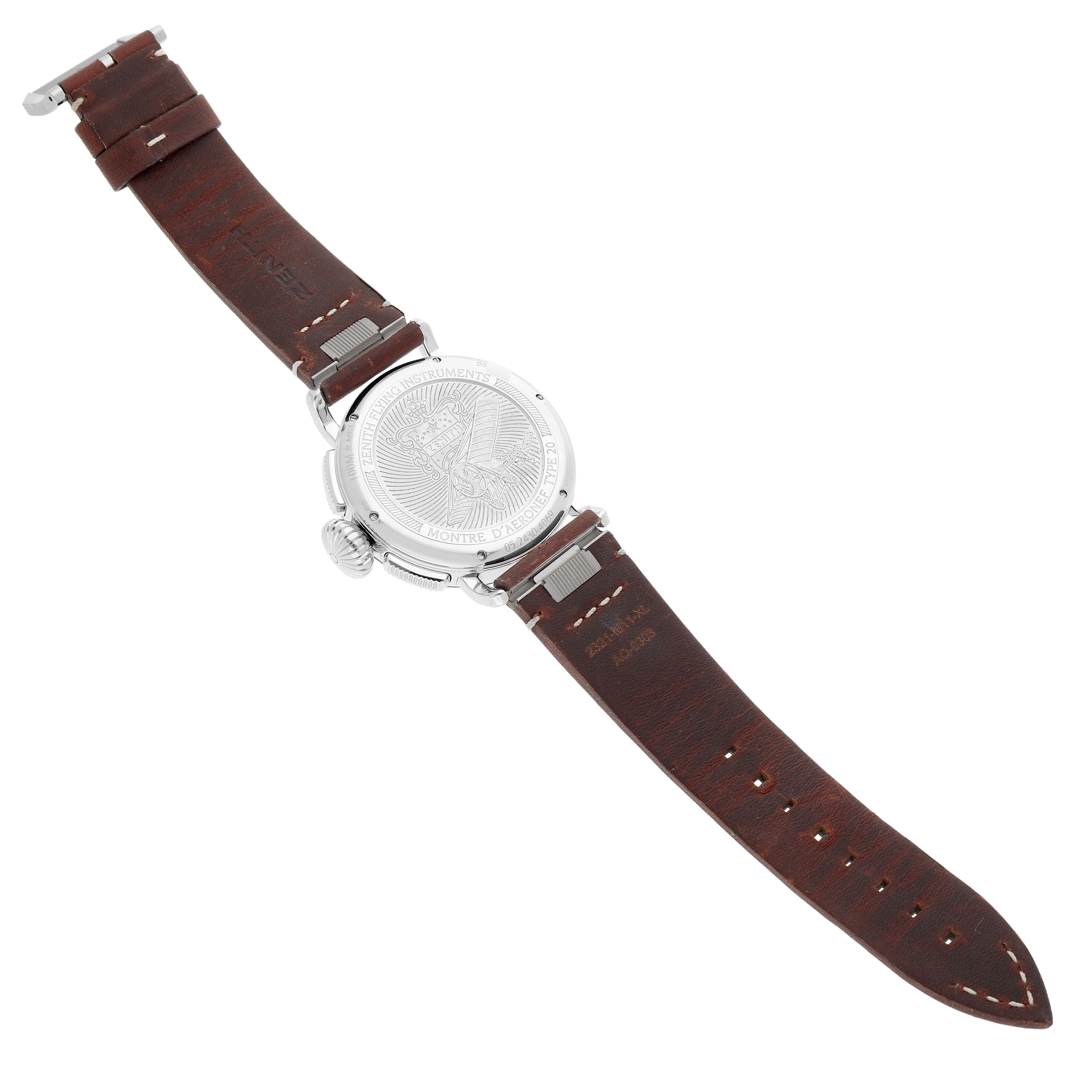 The image shows the back view of a Zenith Pilot 05.2430.4069/17.I011 Men's Titanium Silver Dial watch, highlighting the engraved case back and leather strap.
