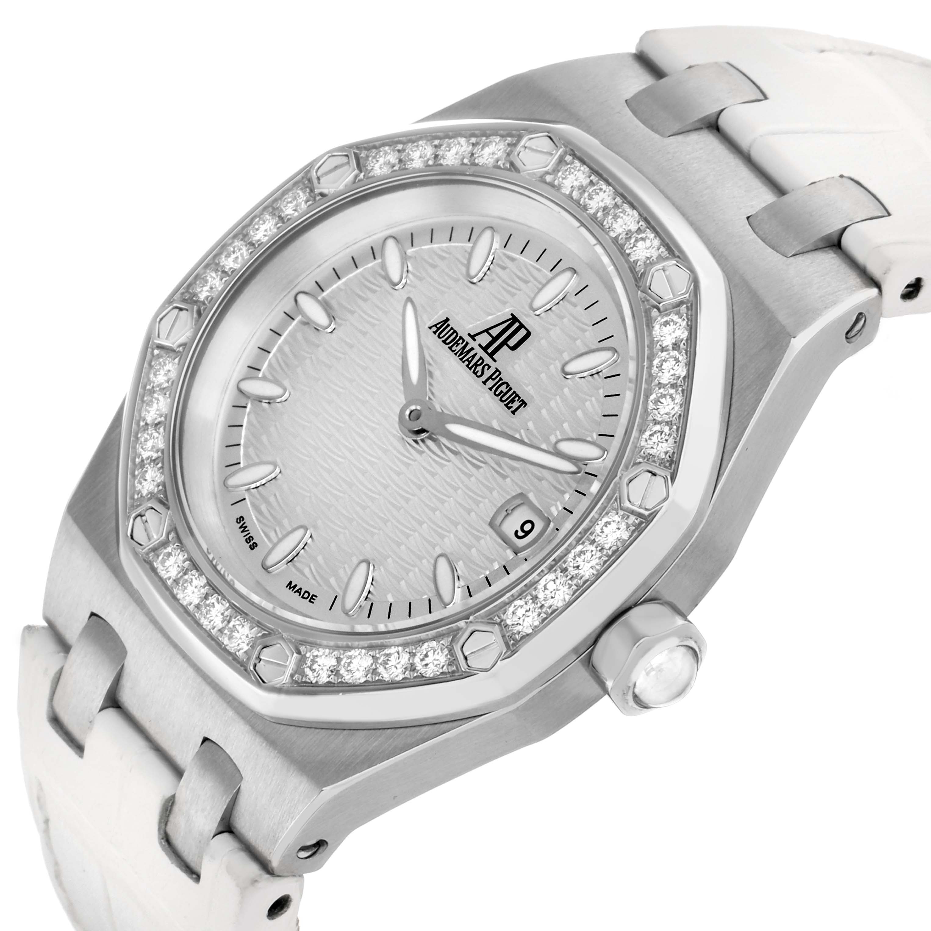 The Audemars Piguet Royal Oak 67601ST Women
s Stainless Steel Silver Dial watch is shown from an angled side view, highlighting the bezel, dial, and part of the strap.