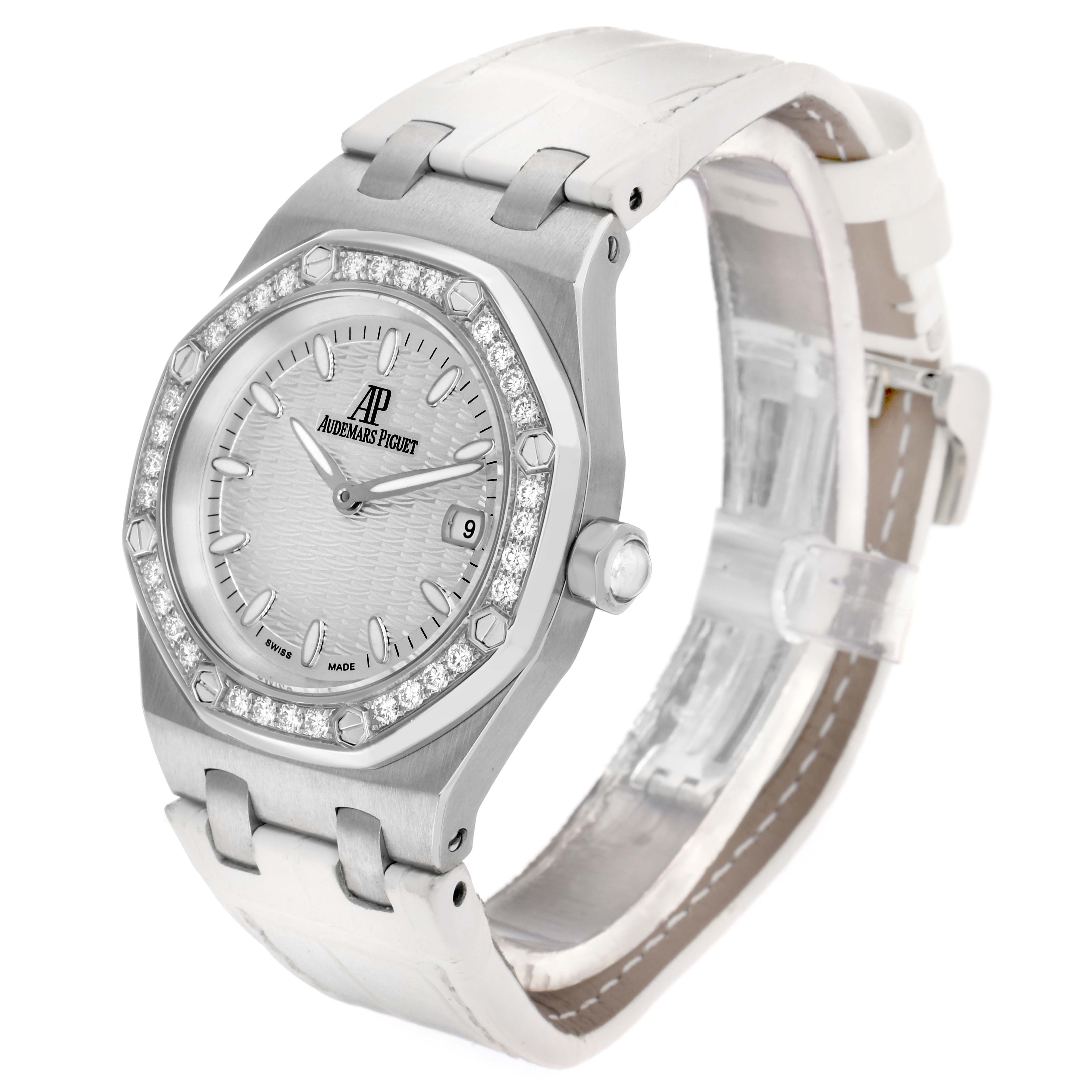 The Audemars Piguet Royal Oak 67601ST Women
s Stainless Steel Silver Dial watch is shown at an angled side view, highlighting the face, bezel, and part of the strap.