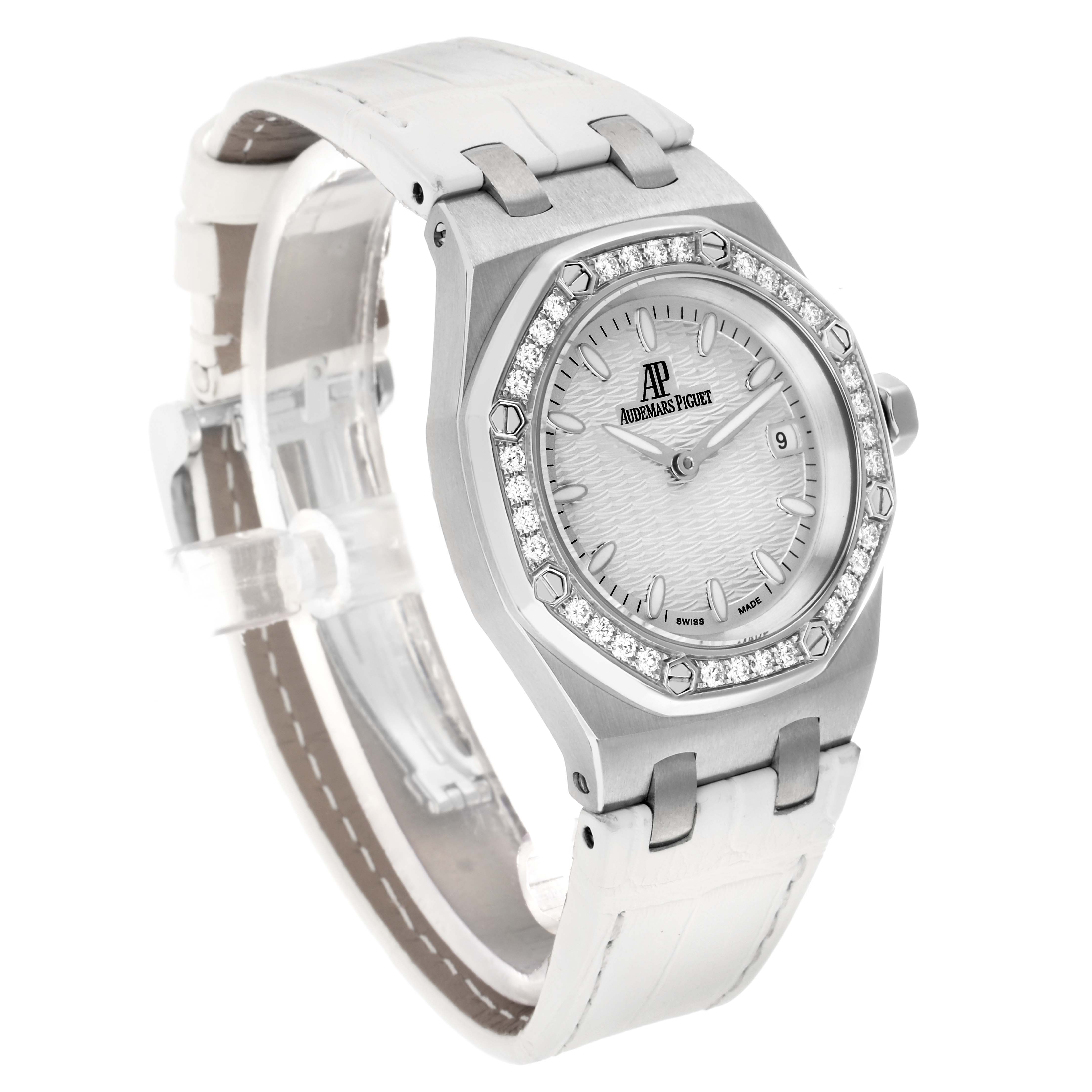 The Audemars Piguet Royal Oak 67601ST Women
s Stainless Steel Silver Dial watch is shown at a three-quarter angle, displaying the face, bezel, and part of the strap.